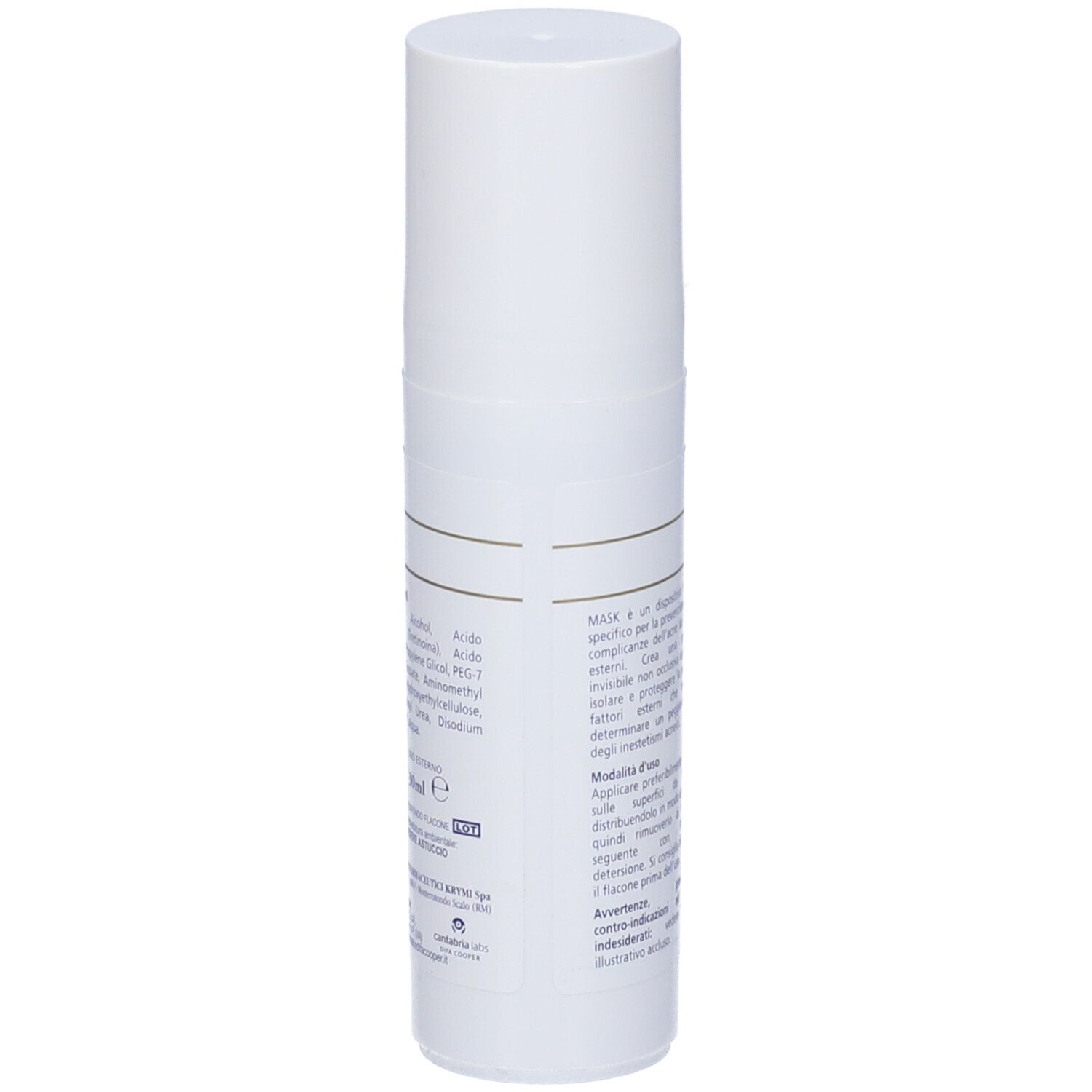 Tubo bianco con scritta: Mask Gel Acne. Contiene Polivinil A 0,2%, Tretinoina 0,02% e Acido glicolico 4%. Marchio CE.