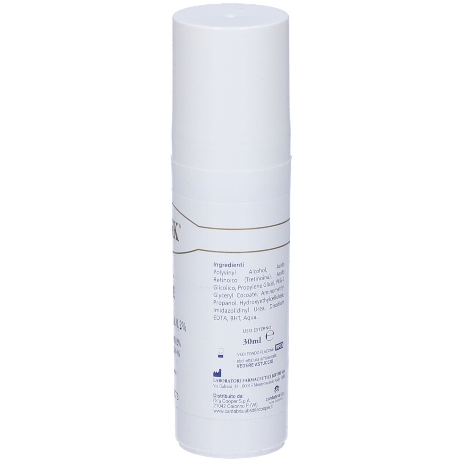 Tubo bianco con scritta: Mask Gel Acne. Contiene Polivinil A 0,2%, Tretinoina 0,02% e Acido glicolico 4%. Marchio CE.