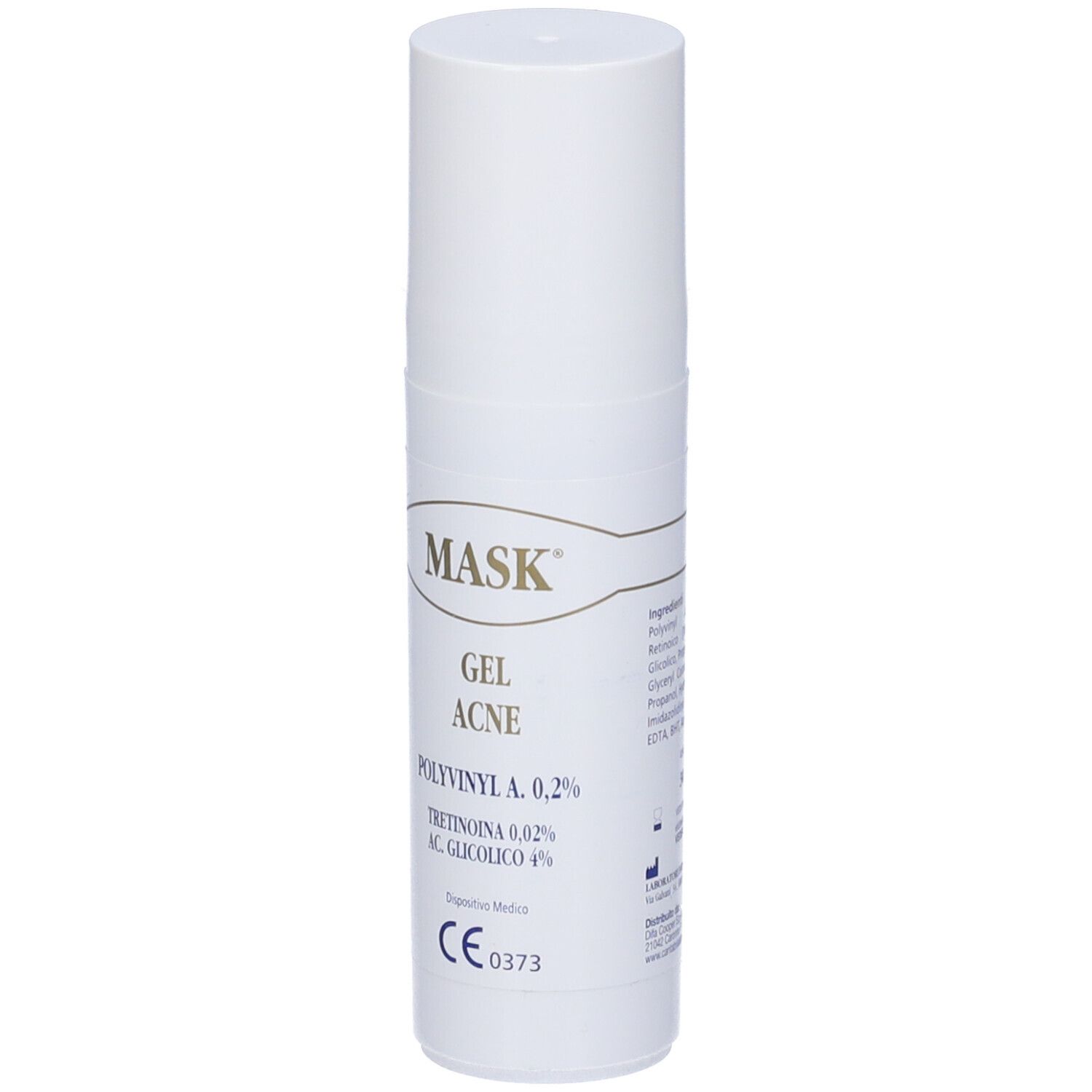 Tubo bianco con scritta: Mask Gel Acne. Contiene Polivinil A 0,2%, Tretinoina 0,02% e Acido glicolico 4%. Marchio CE.