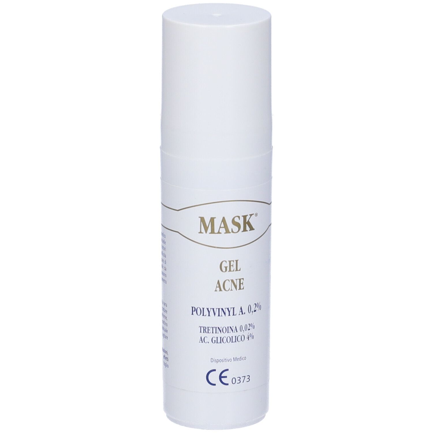 Tubo bianco con scritta: Mask Gel Acne. Contiene Polivinil A 0,2%, Tretinoina 0,02% e Acido glicolico 4%. Marchio CE.