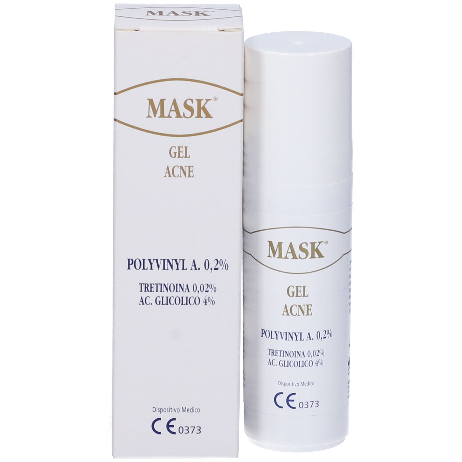Confezione: Tubo e scatola bianchi. Scritta: Mask Gel Acne. Contiene Polivinil A 0,2%, Tretinoina 0,02% e Acido glicolico 4%.