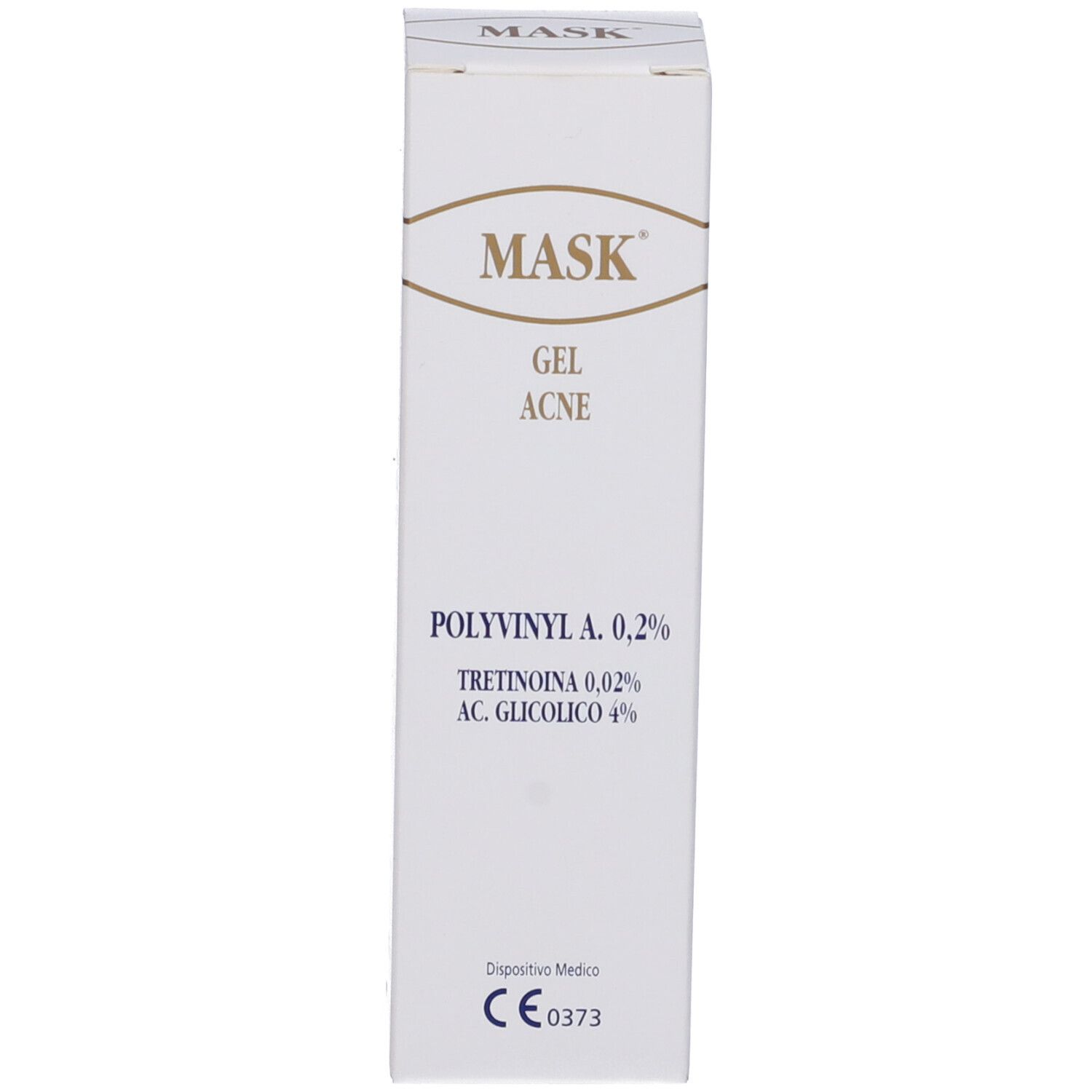 Confezione: Scatola bianca. Scritta: Mask Gel Acne. Contiene Polivinil A 0,2%, Tretinoina 0,02% e Acido glicolico 4%.