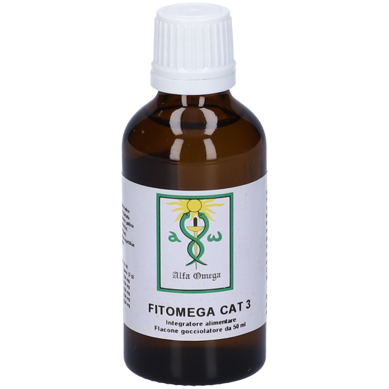 Flacone di vetro marrone con tappo bianco. Etichetta con logo e scritta: Fitomega Cat 3.