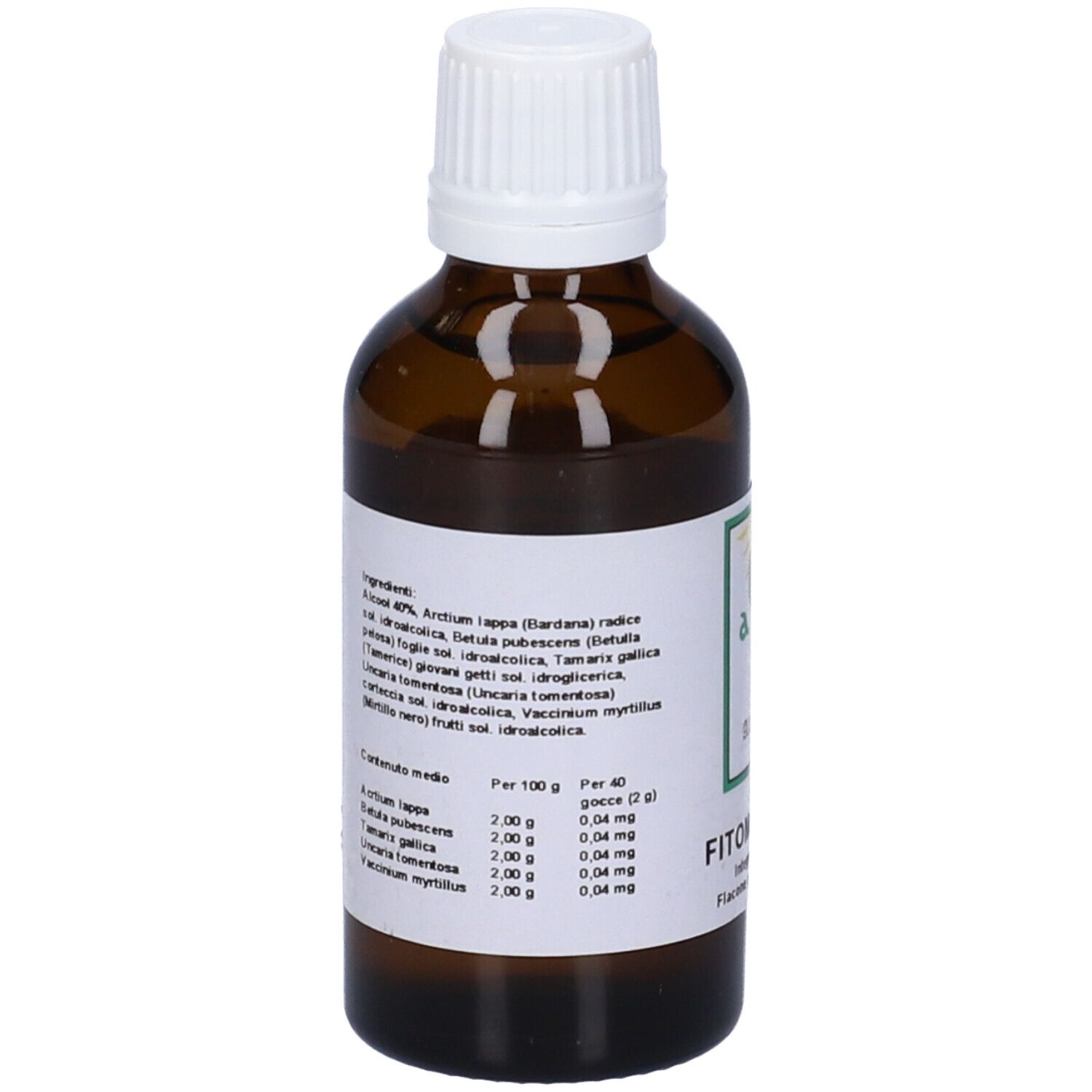 Flacone di vetro marrone con tappo bianco. Etichetta con ingredienti e informazioni nutrizionali.