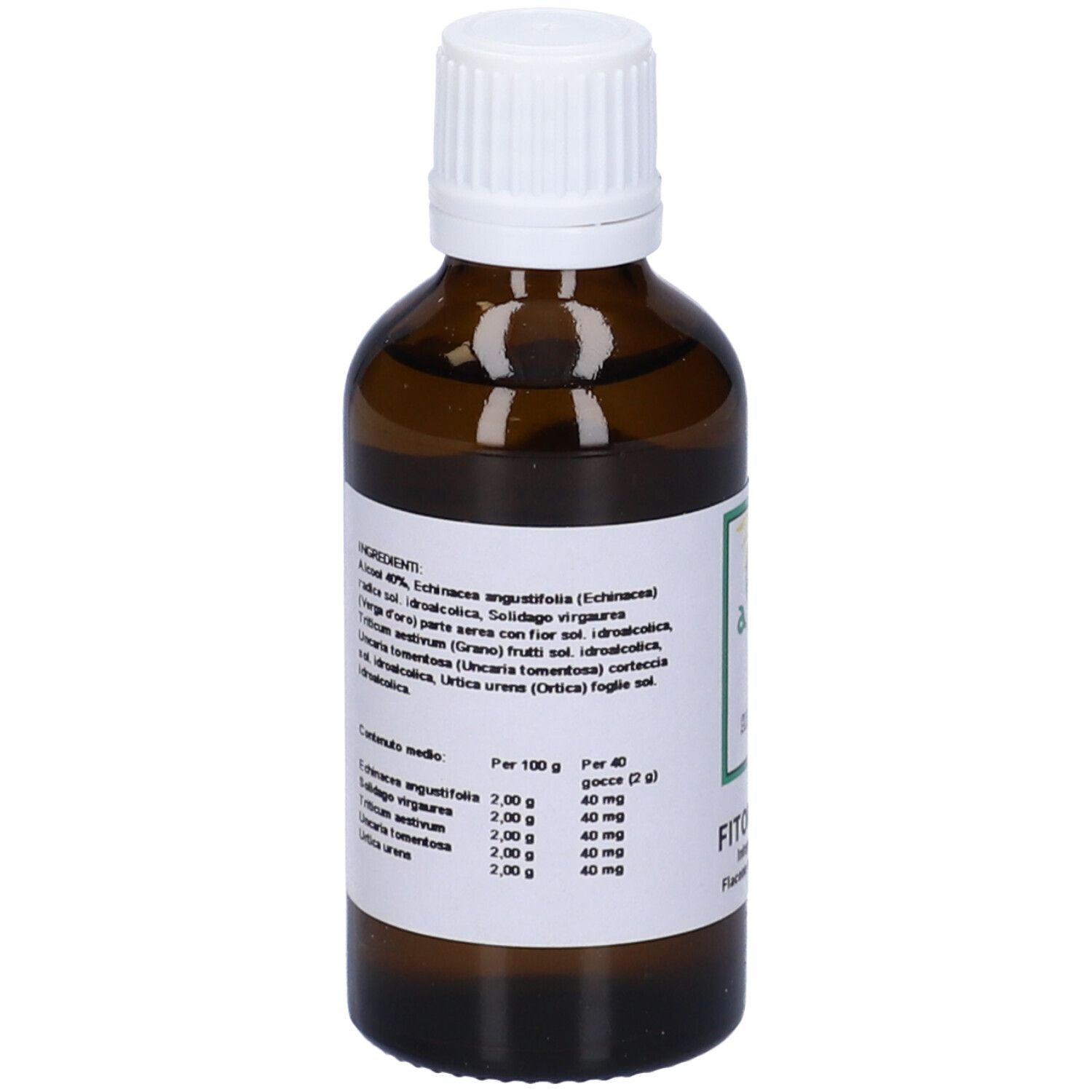 Flacone di vetro marrone con tappo bianco. Etichetta con ingredienti e informazioni.