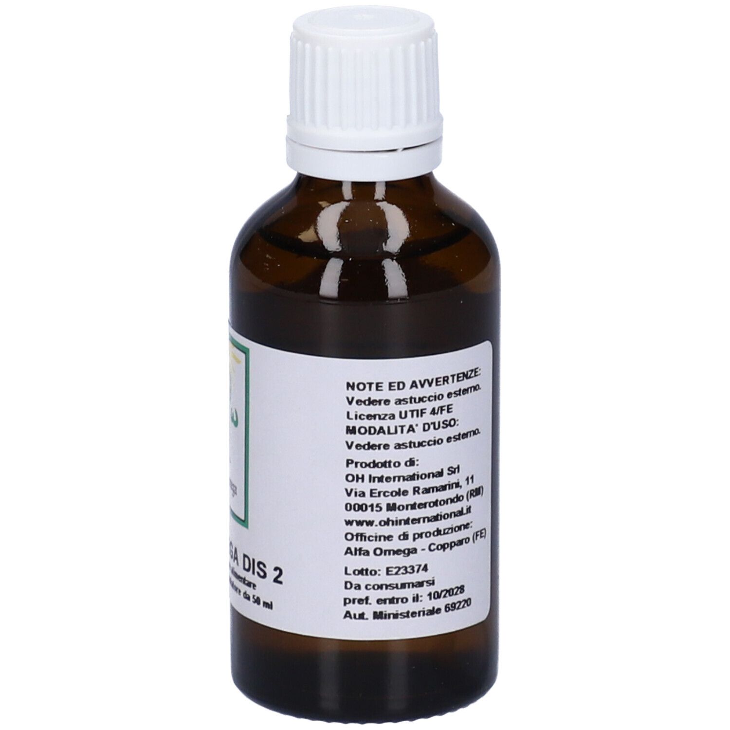 Flacone di vetro marrone con tappo bianco. Etichetta con informazioni e indirizzo del produttore.