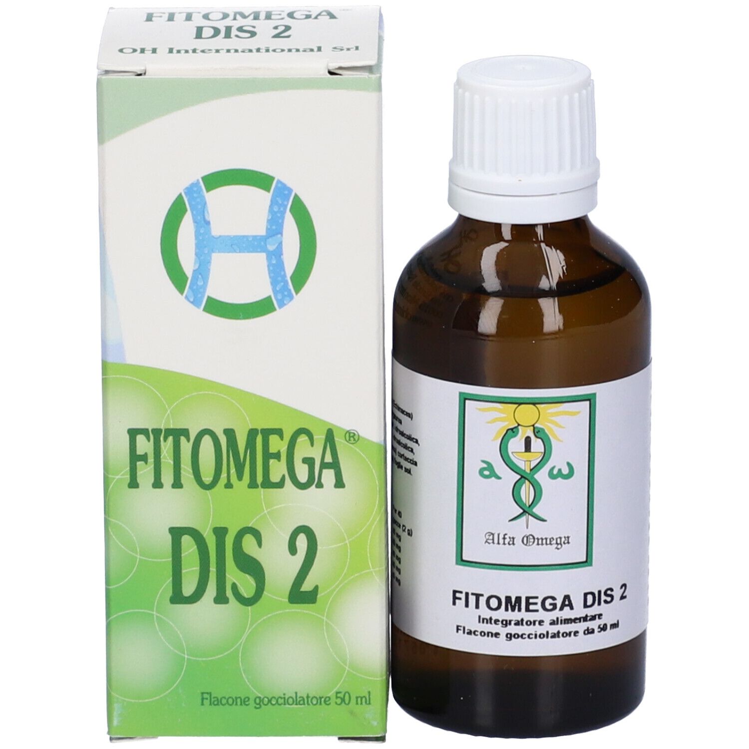 Flacone e confezione Fitomega Dis 2. Flacone marrone, tappo bianco, confezione verde.