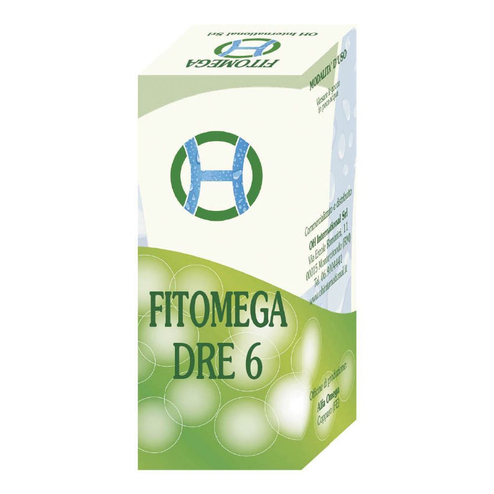 Scatola con nome e logo del prodotto. Scritto: Fitomega Dre 6 Gocce.