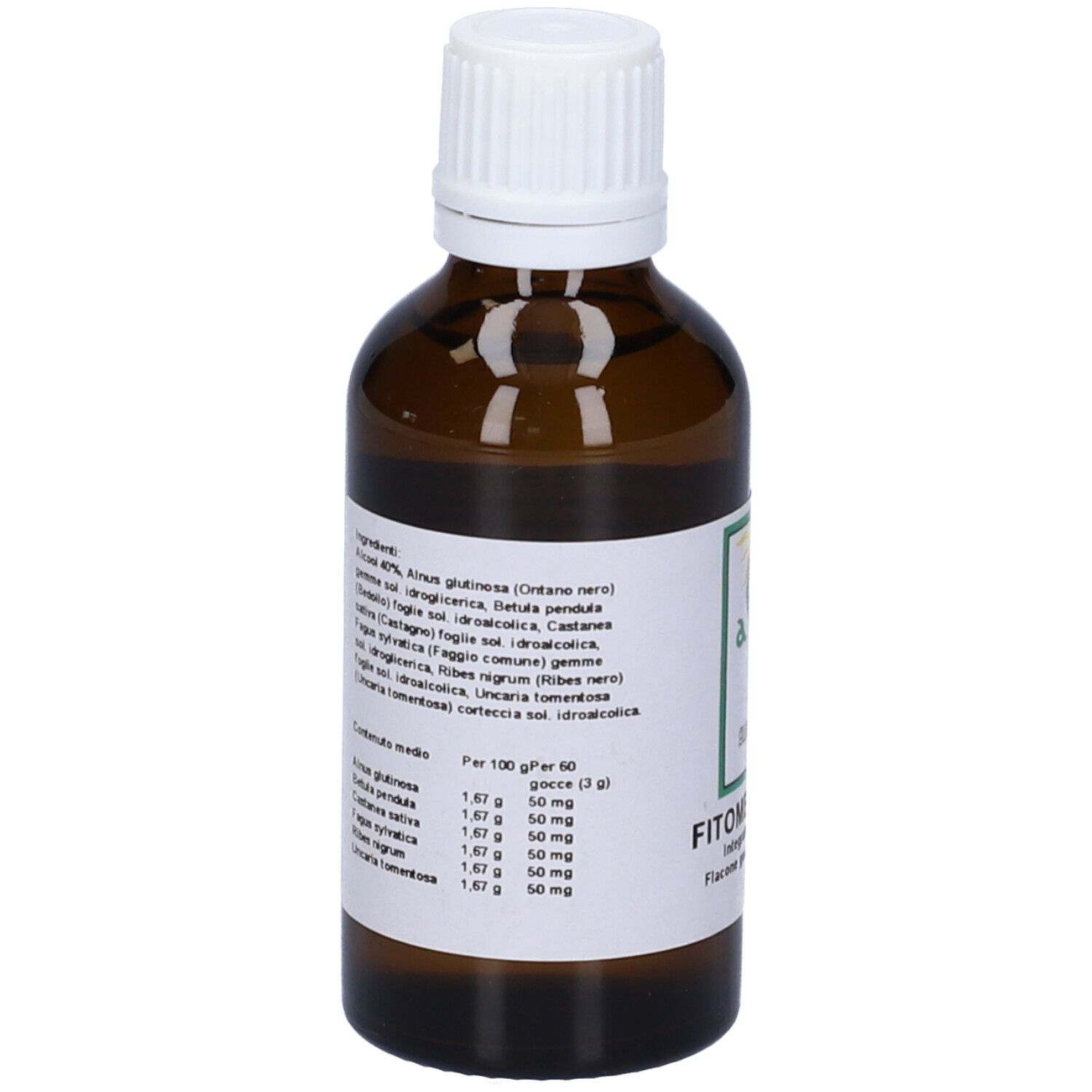 Flacone vetro marrone con tappo bianco. Etichetta con ingredienti e nome prodotto.
