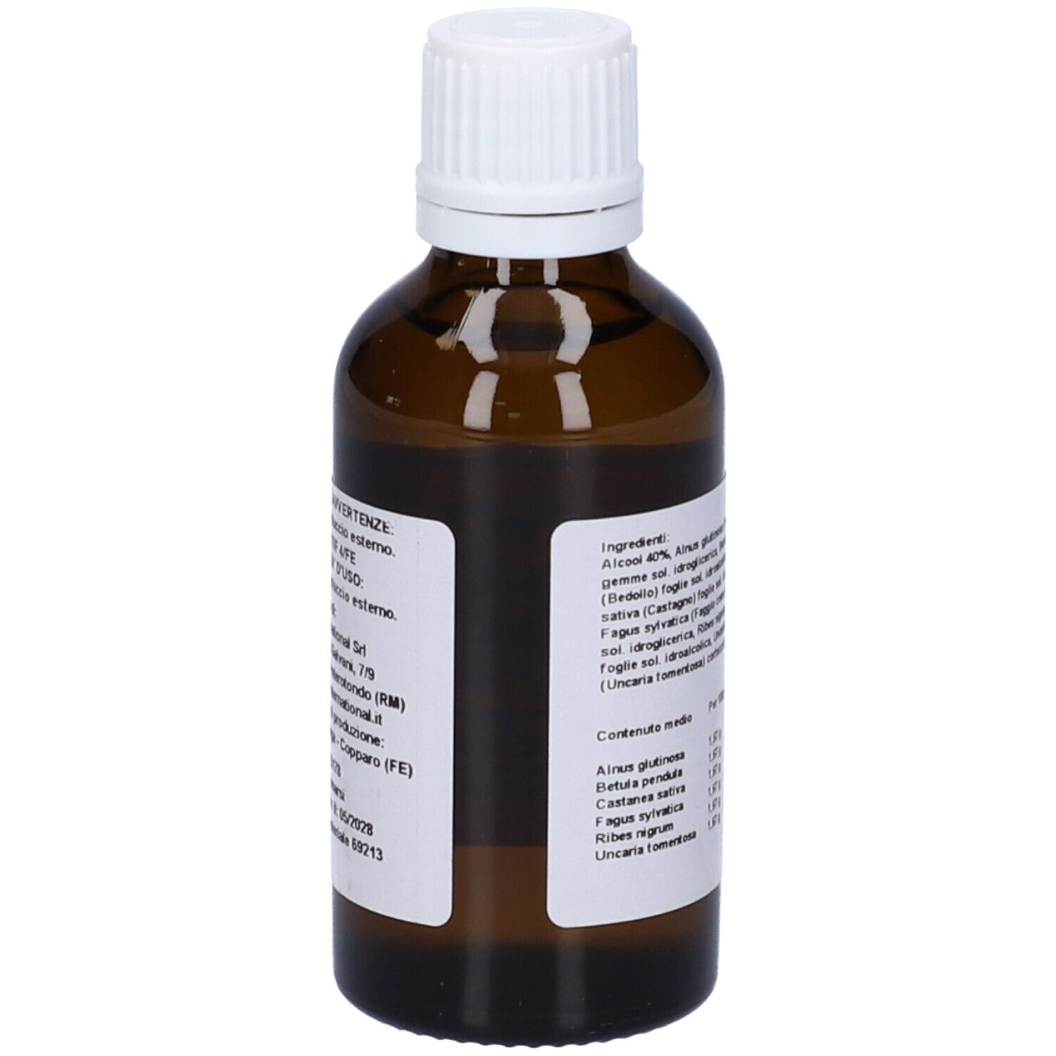 Flacone vetro marrone con tappo bianco. Etichetta con ingredienti e nome prodotto.