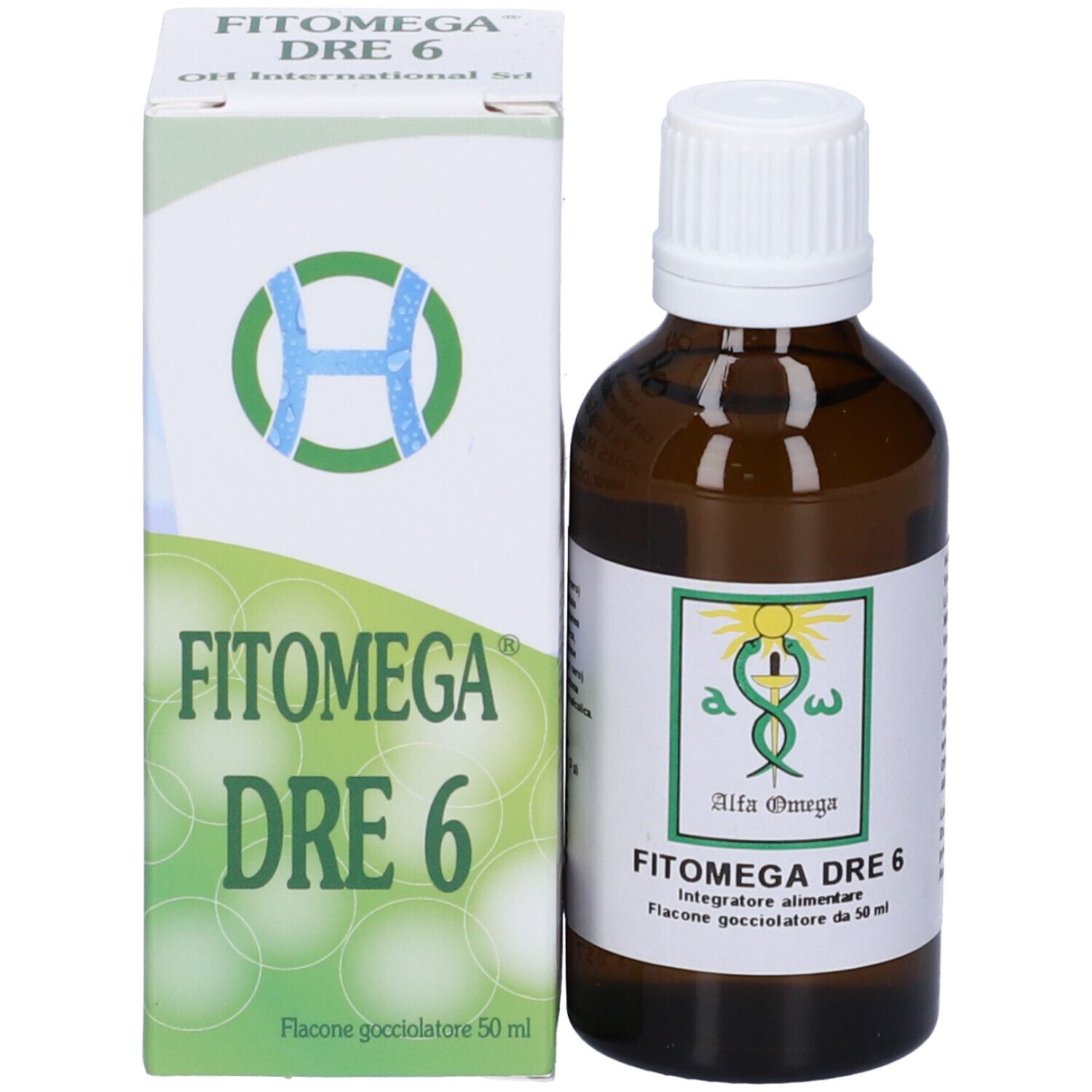 Flacone e confezione affiancati. Scritto: Fitomega Dre 6.