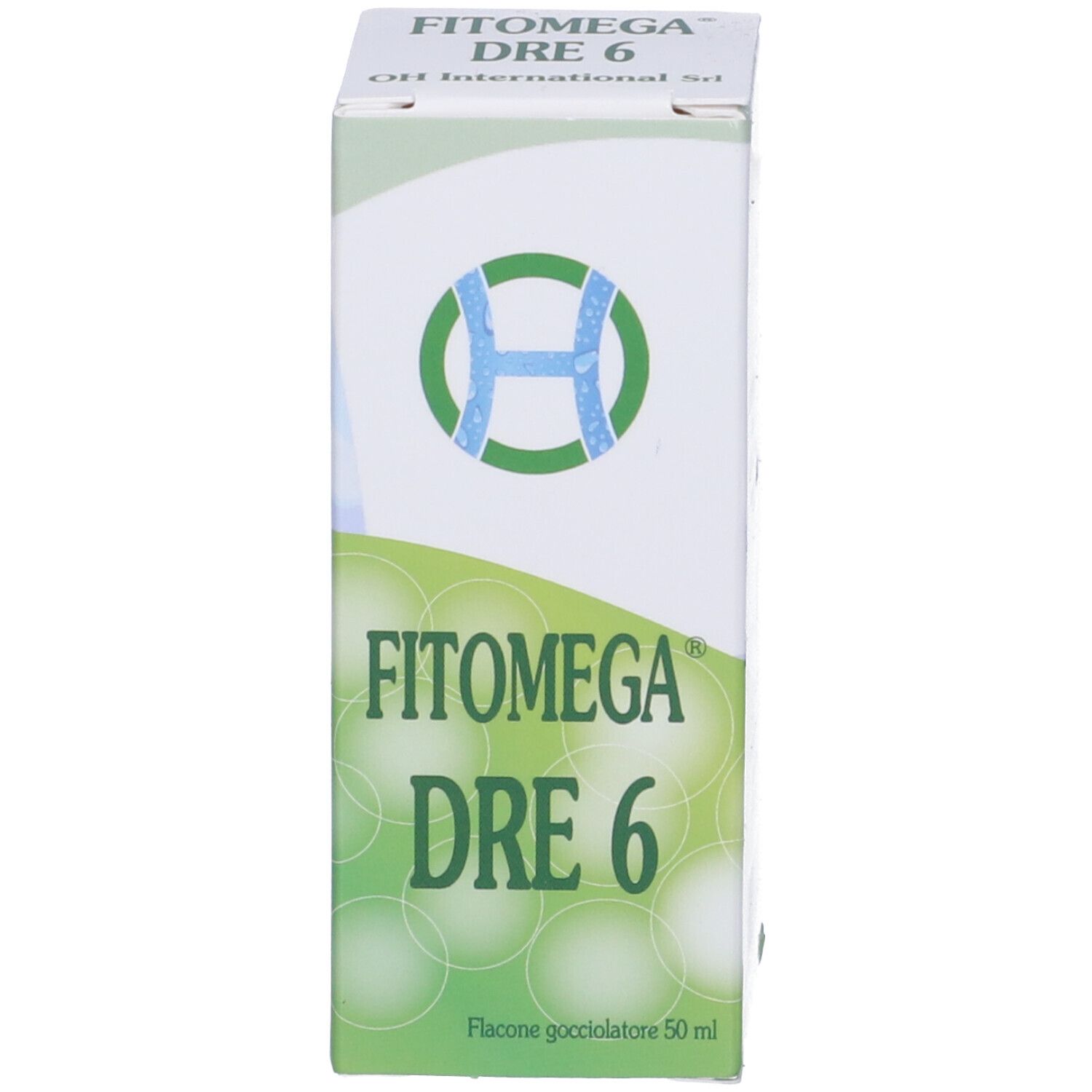 Scatola con nome e logo del prodotto. Scritto: Fitomega Dre 6 Gocce.