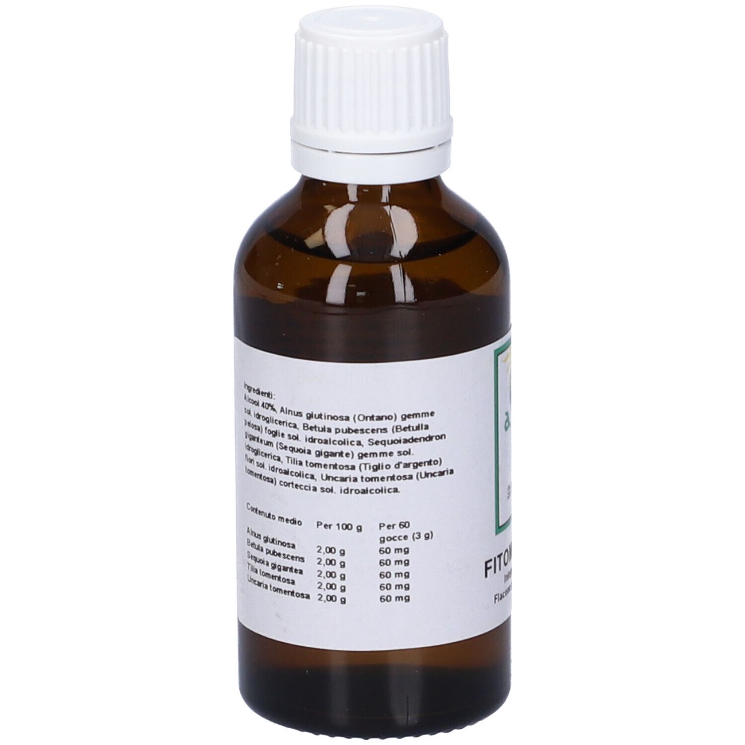 Flacone di vetro marrone con tappo bianco. Etichetta con ingredienti e informazioni nutrizionali.