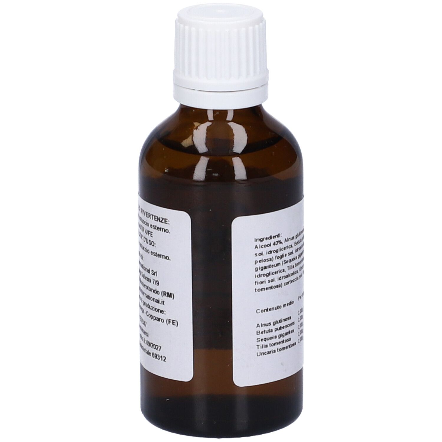 Flacone di vetro marrone con tappo bianco. Etichetta con avvertenze e informazioni del produttore.
