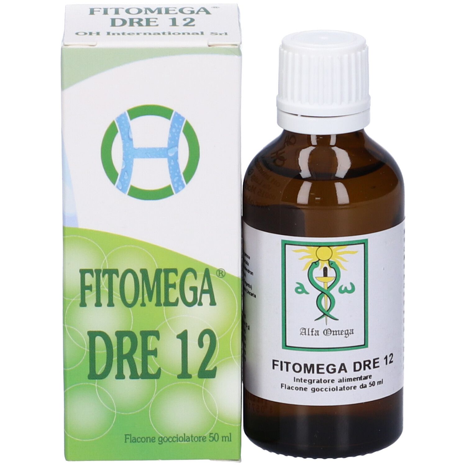 Flacone di vetro marrone e scatola di Fitomega Dre 12. Nome del prodotto e logo visibili.