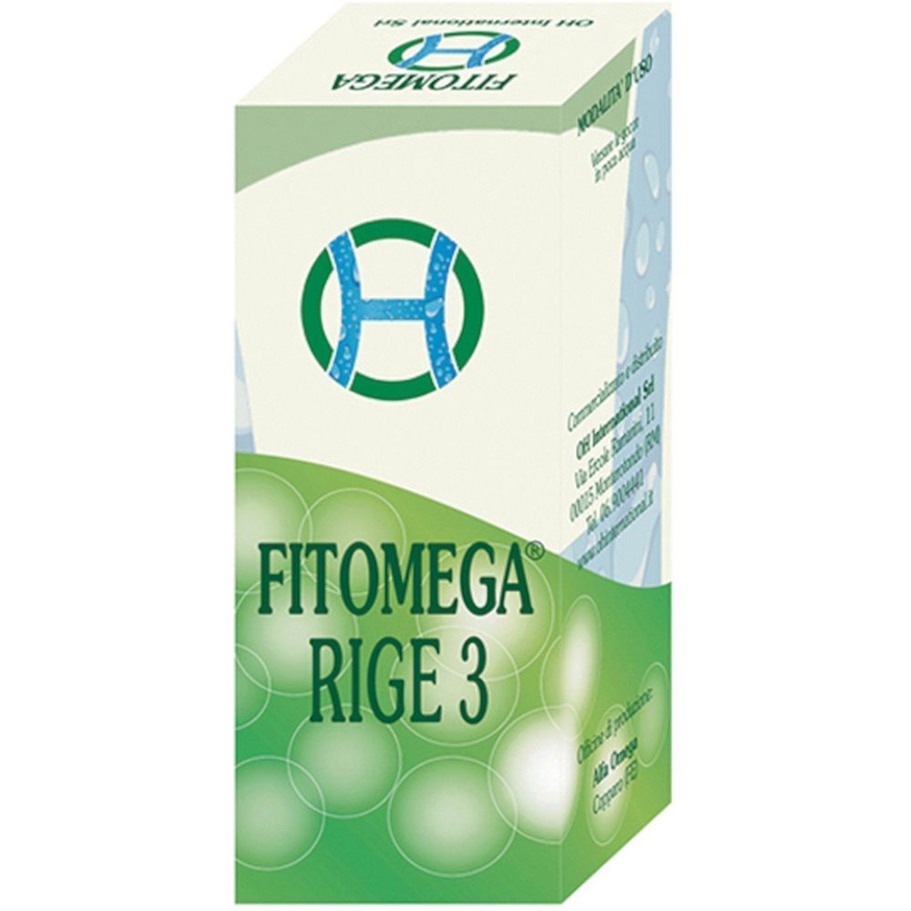 Confezione in cartone con logo e scritta FITOMEGA RIGE 3. Colori verde e bianco. Il logo mostra un cerchio verde con una H blu.
