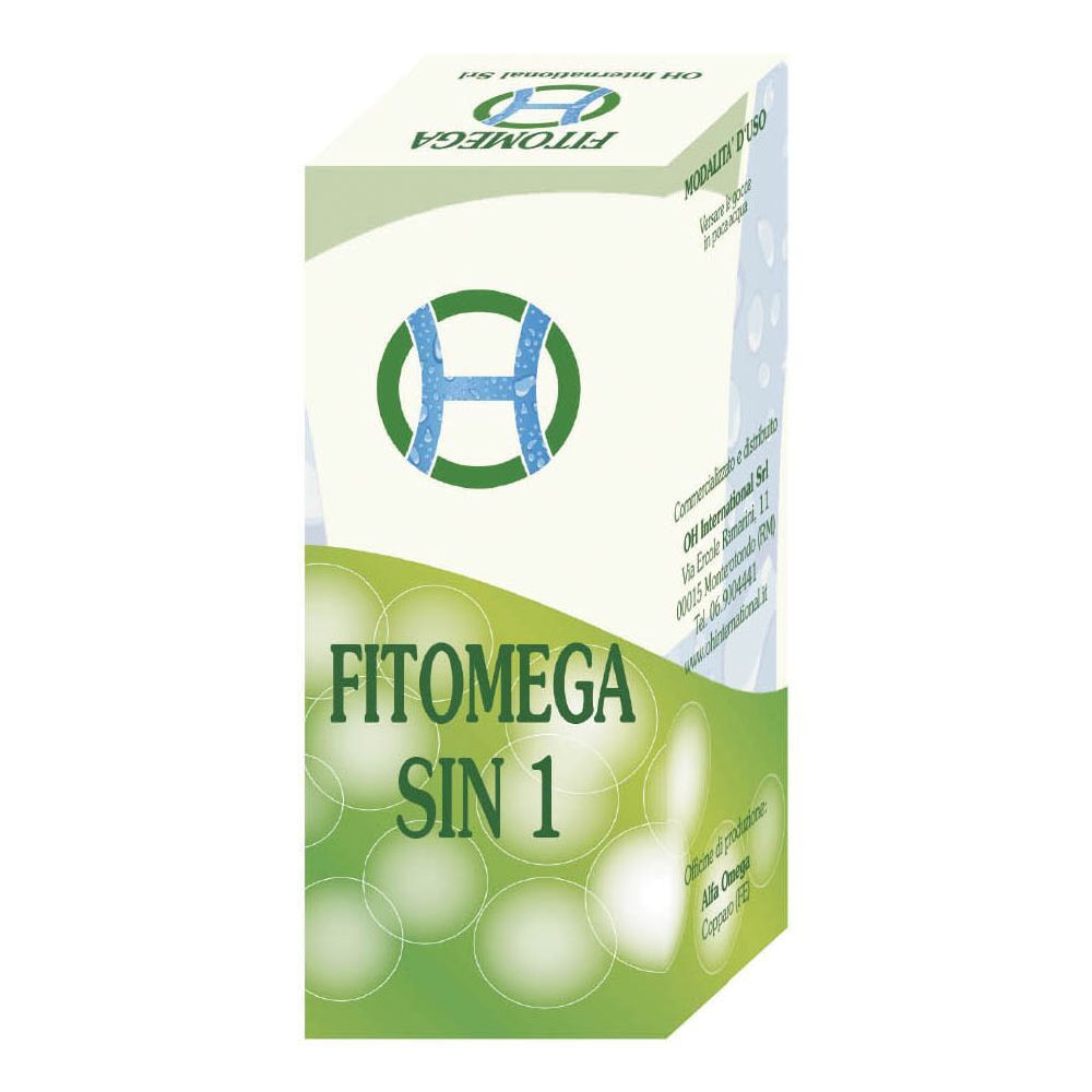 Scatola di Fitomega Sin 1. Verde e bianca, con nome e logo del prodotto. Contiene gocce.