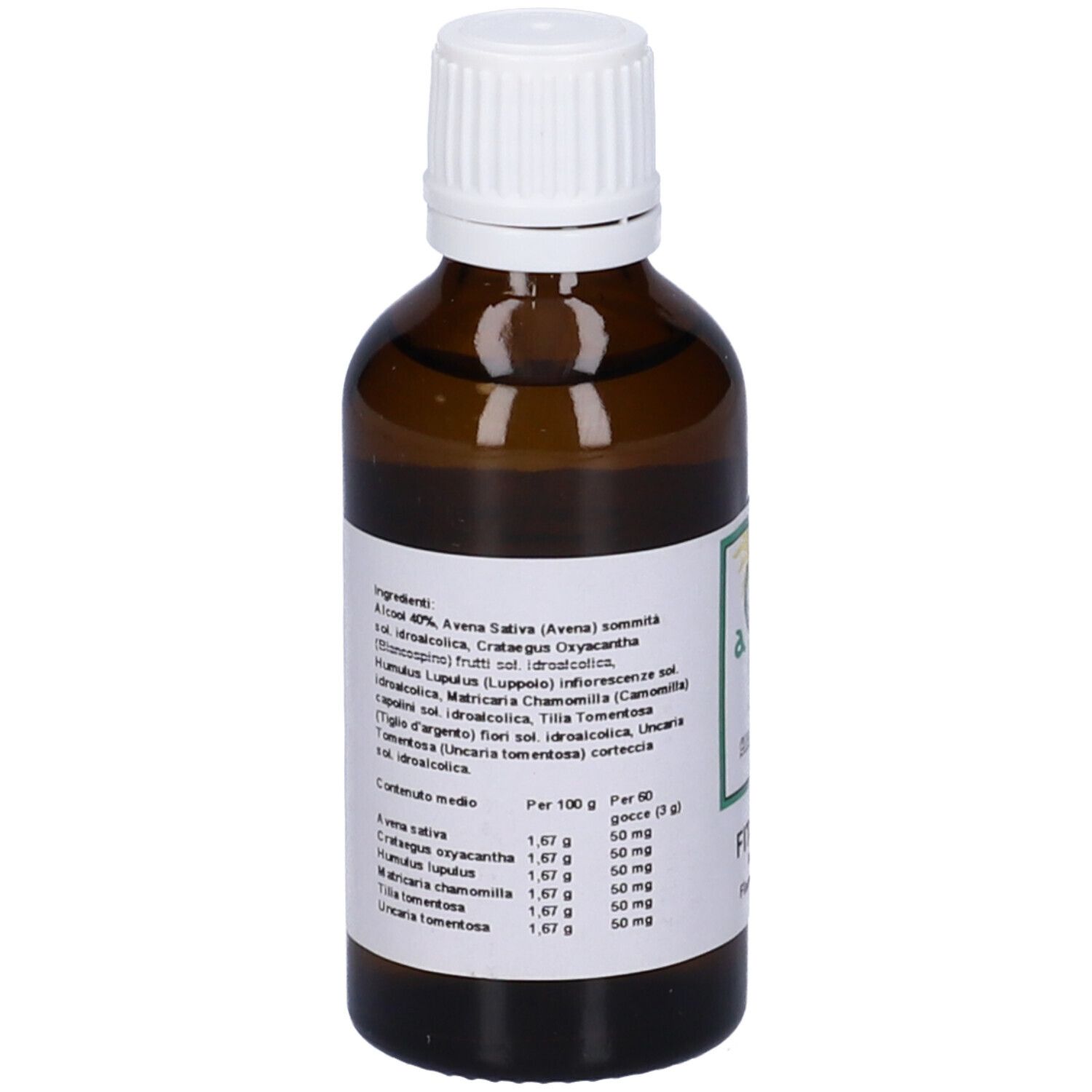 Flacone di vetro marrone con tappo bianco. Etichetta con ingredienti e informazioni nutrizionali. Liquido visibile.