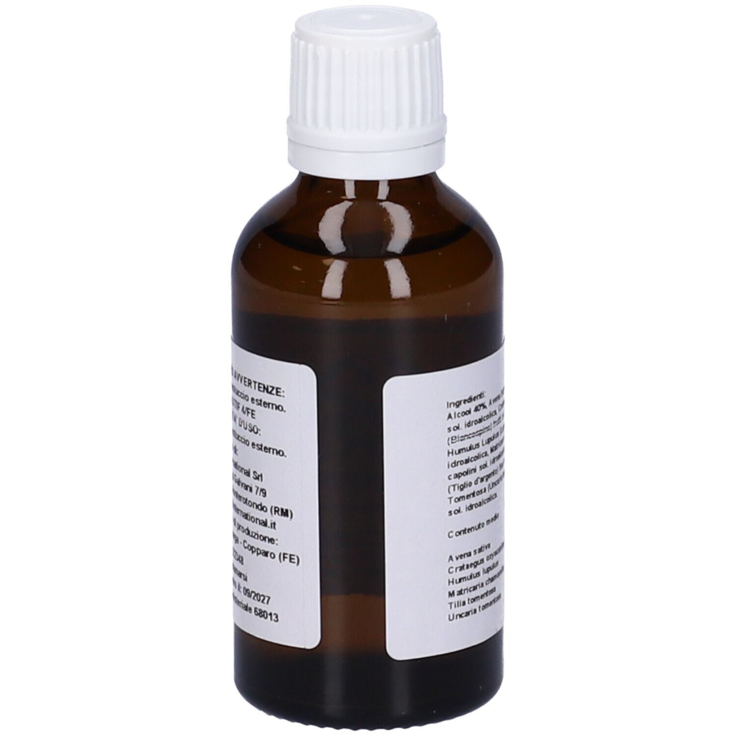 Flacone di vetro marrone con tappo bianco. Etichetta con ingredienti e informazioni del produttore. Liquido visibile.