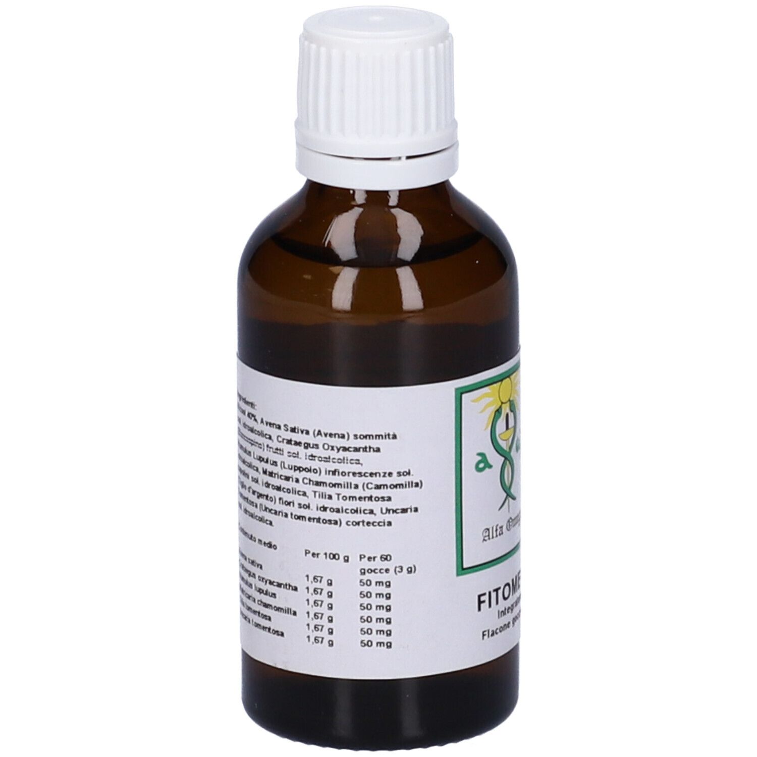 Flacone di vetro marrone con tappo bianco. Etichetta con nome, logo e ingredienti del prodotto. Liquido visibile.