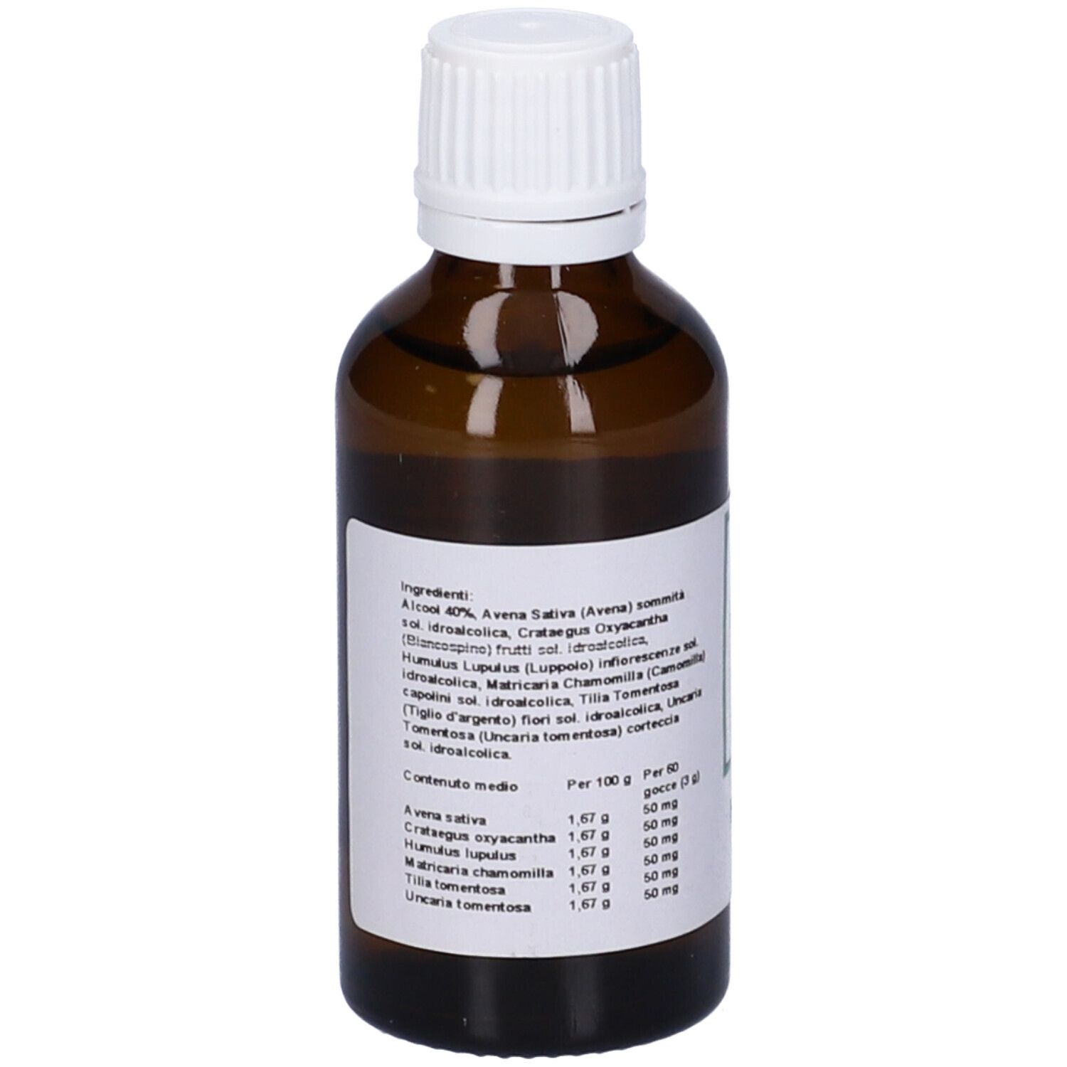 Flacone di vetro marrone con tappo bianco. Etichetta con ingredienti e informazioni nutrizionali. Liquido visibile.