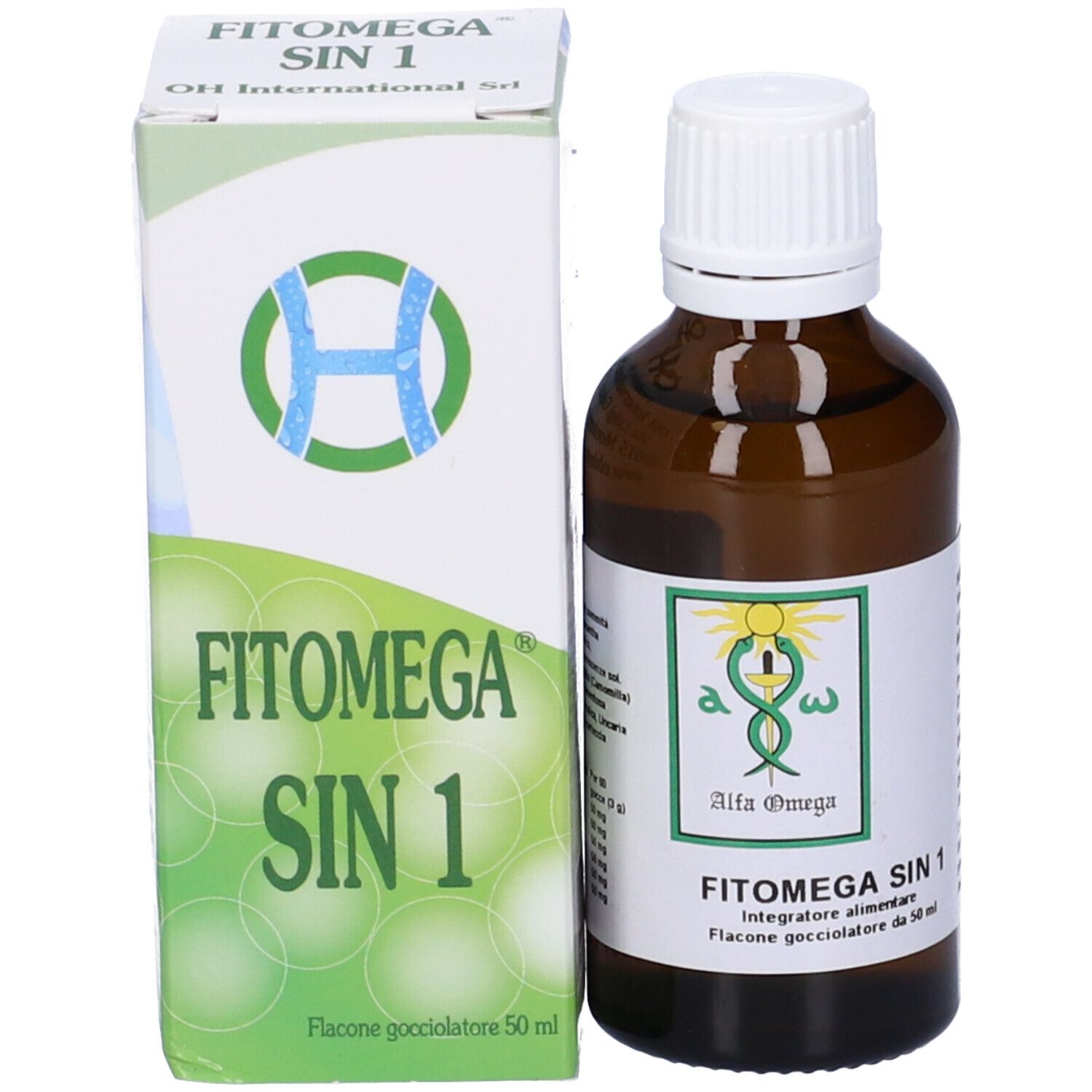 Flacone e scatola di Fitomega Sin 1. Flacone marrone con tappo bianco, scatola verde e bianca. Nome del prodotto visibile.