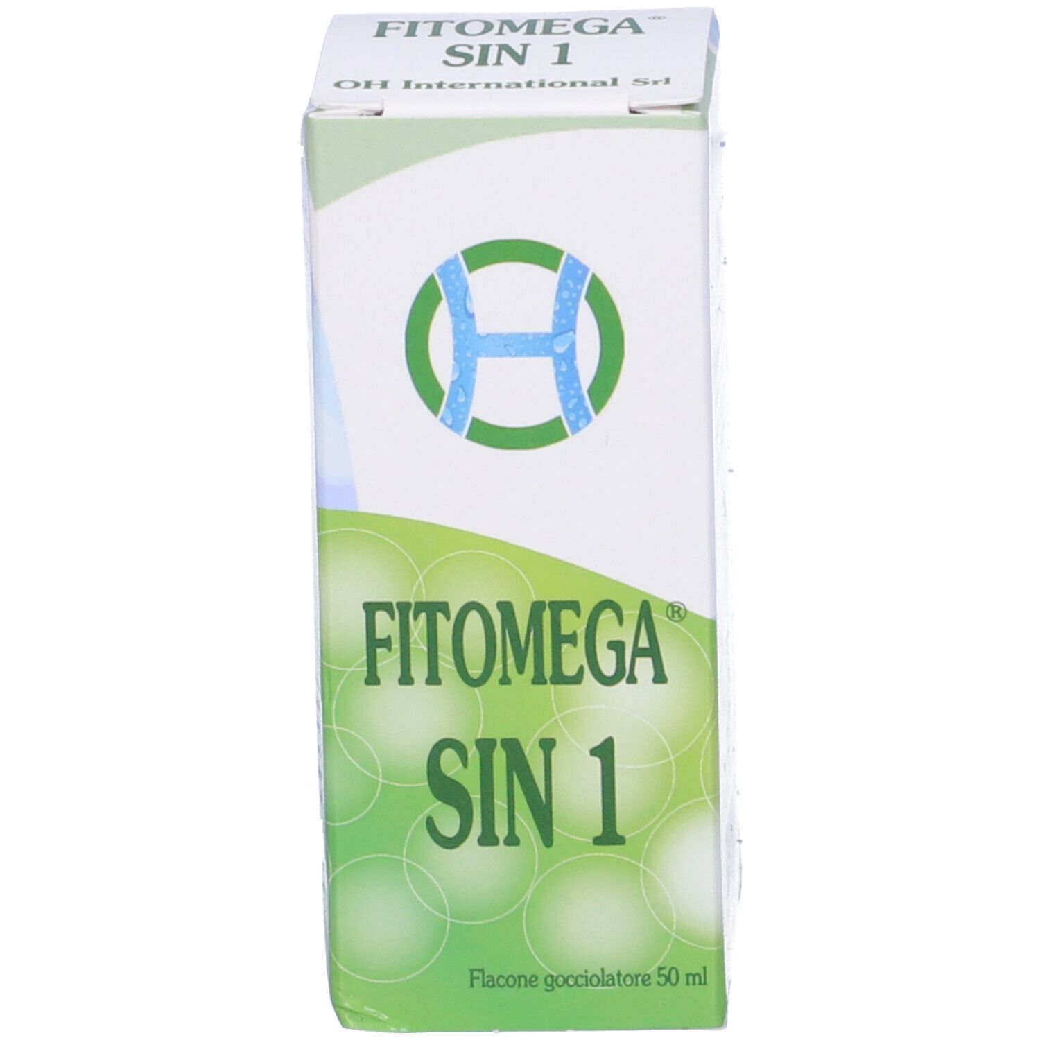 Scatola di Fitomega Sin 1. Verde e bianca, con nome e logo del prodotto. Contiene gocce.