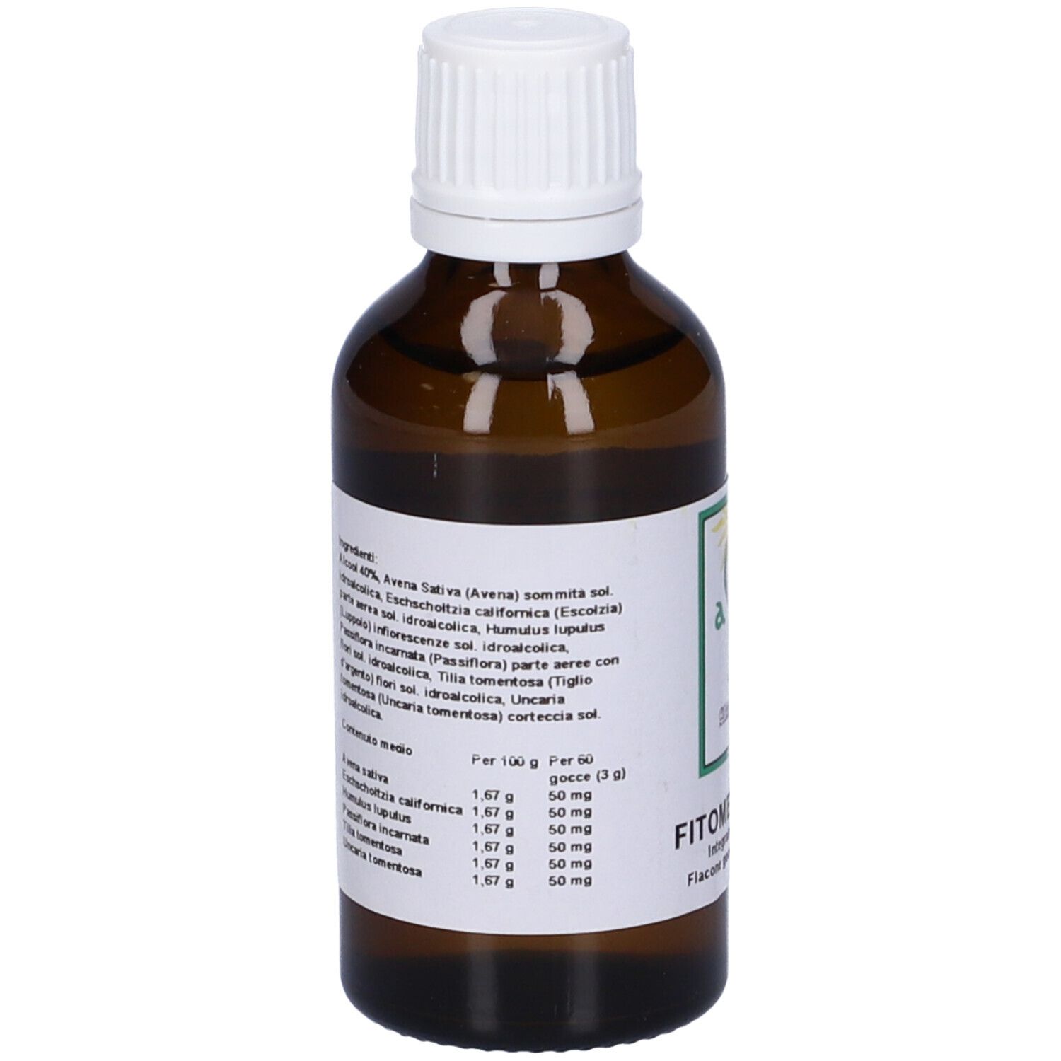 Flacone marrone con tappo bianco. Etichetta con ingredienti. Scritto: Fitomega Sin 3.