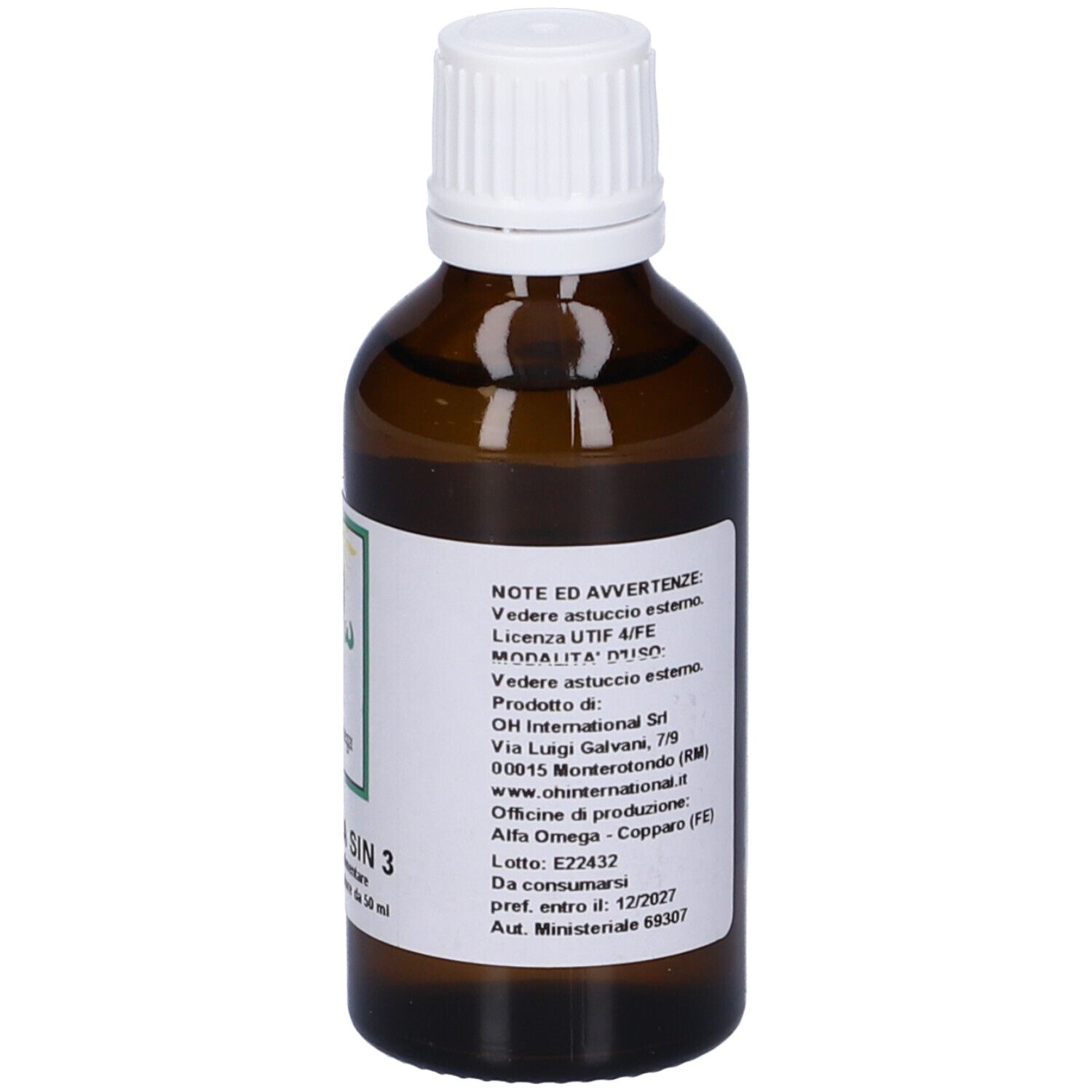 Flacone marrone con tappo bianco. Etichetta con informazioni. Scritto: Fitomega Sin 3.