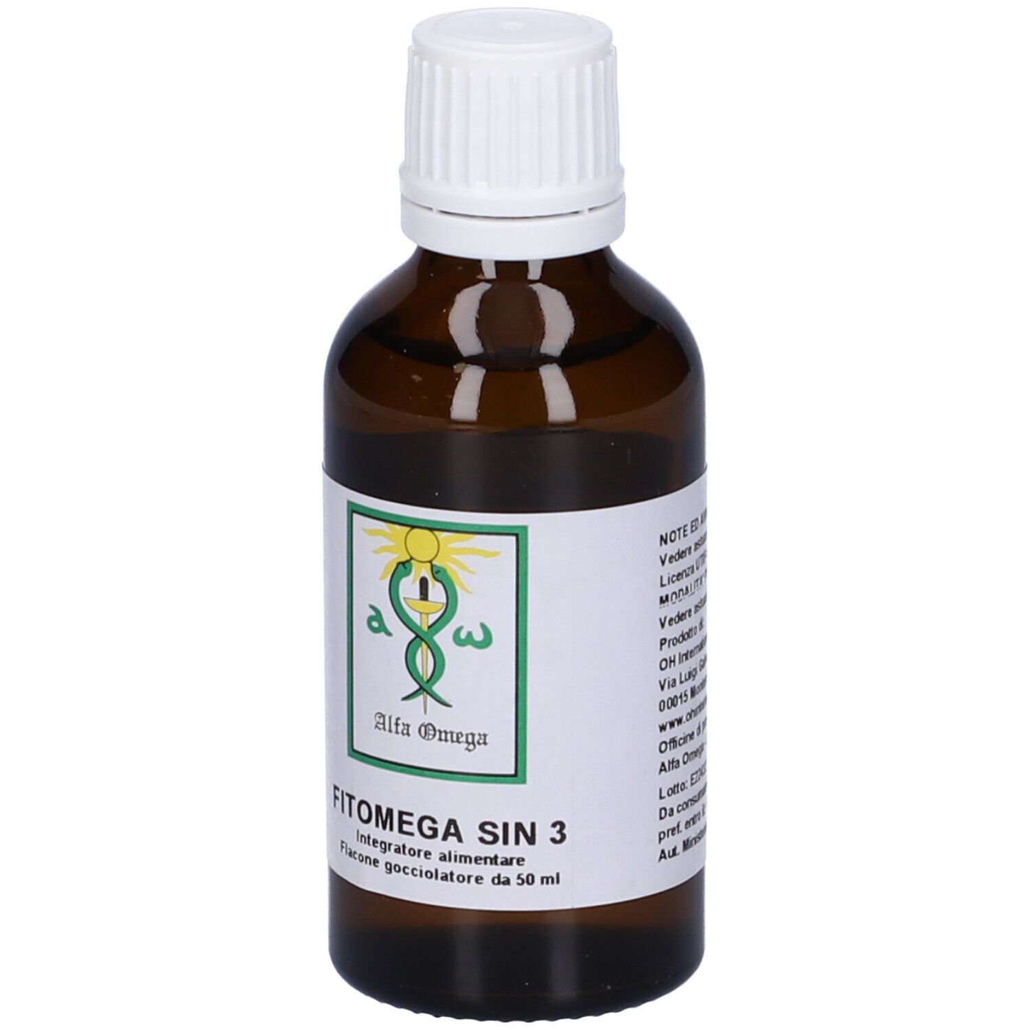 Flacone marrone con tappo bianco. Etichetta con informazioni. Scritto: Fitomega Sin 3.