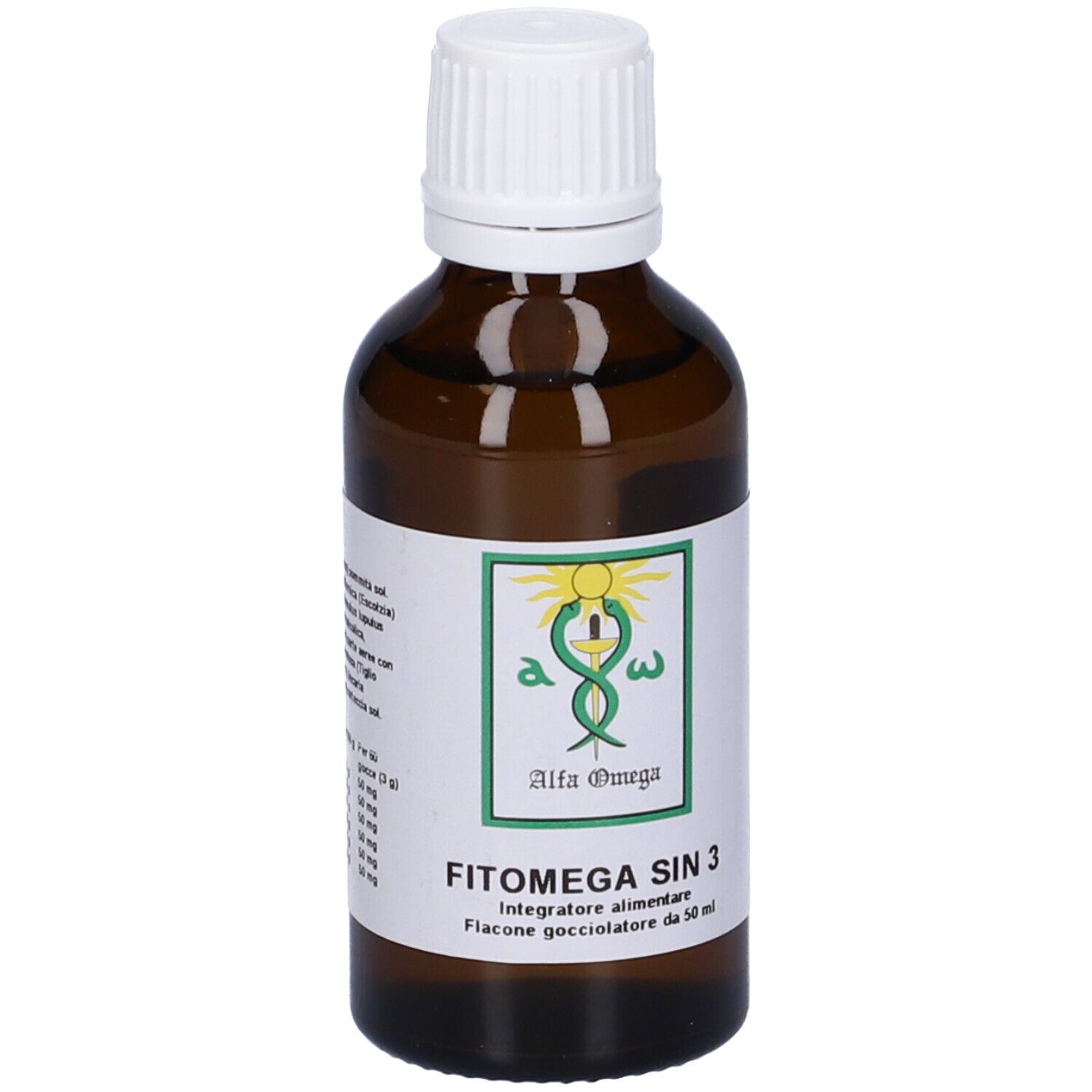Flacone marrone con tappo bianco. Etichetta con informazioni. Scritto: Fitomega Sin 3.