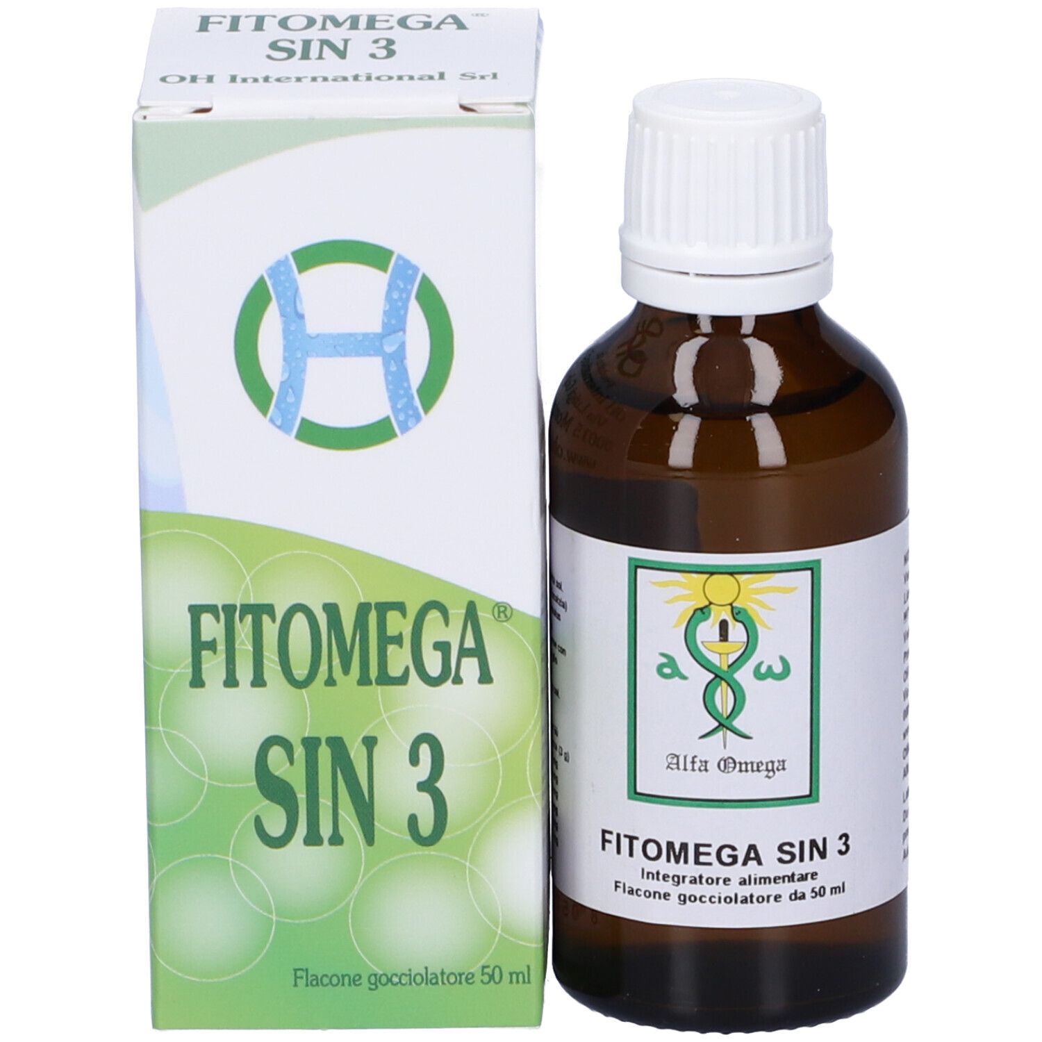 Flacone marrone con tappo bianco e scatola. Scritto: Fitomega Sin 3.