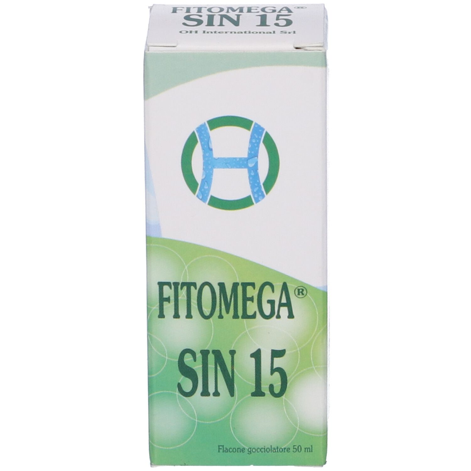 Scatola verde e bianca. Scritta FITOMEGA SIN 15. Logo a forma di H.
