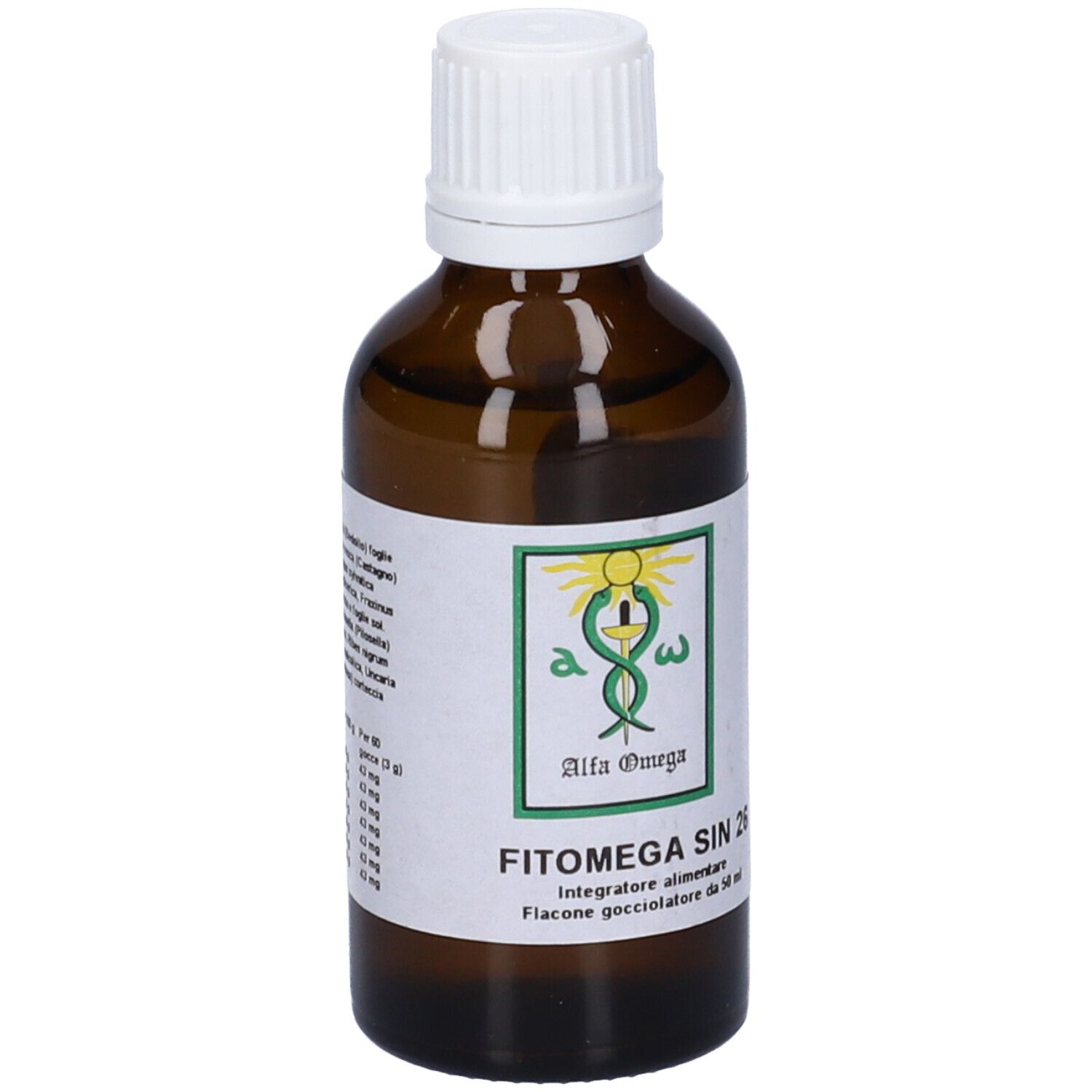 Flacone di vetro marrone con tappo bianco. Etichetta con nome del prodotto e ingredienti.