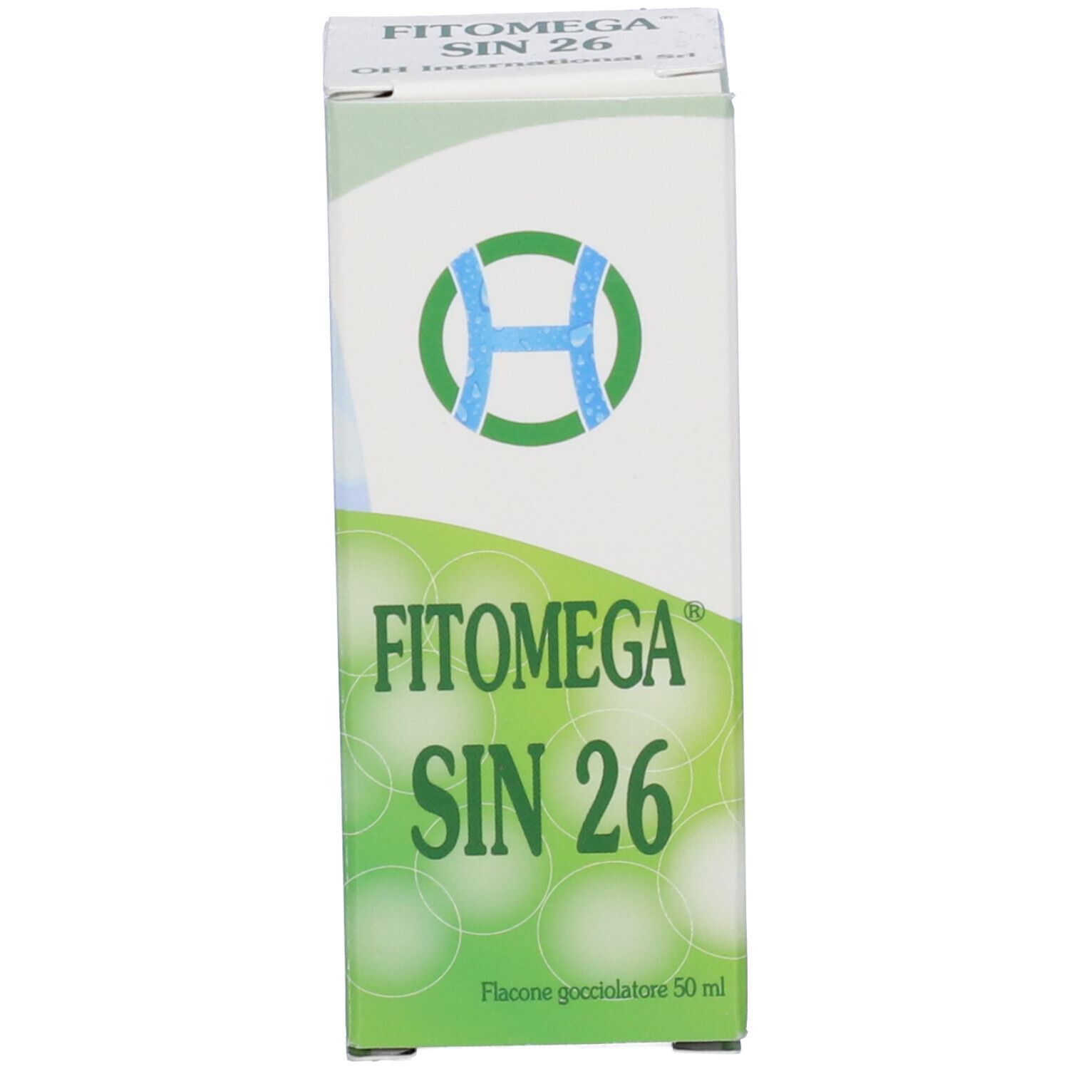 Scatola con nome del prodotto e logo. Design verde e bianco. Flacone non visibile.