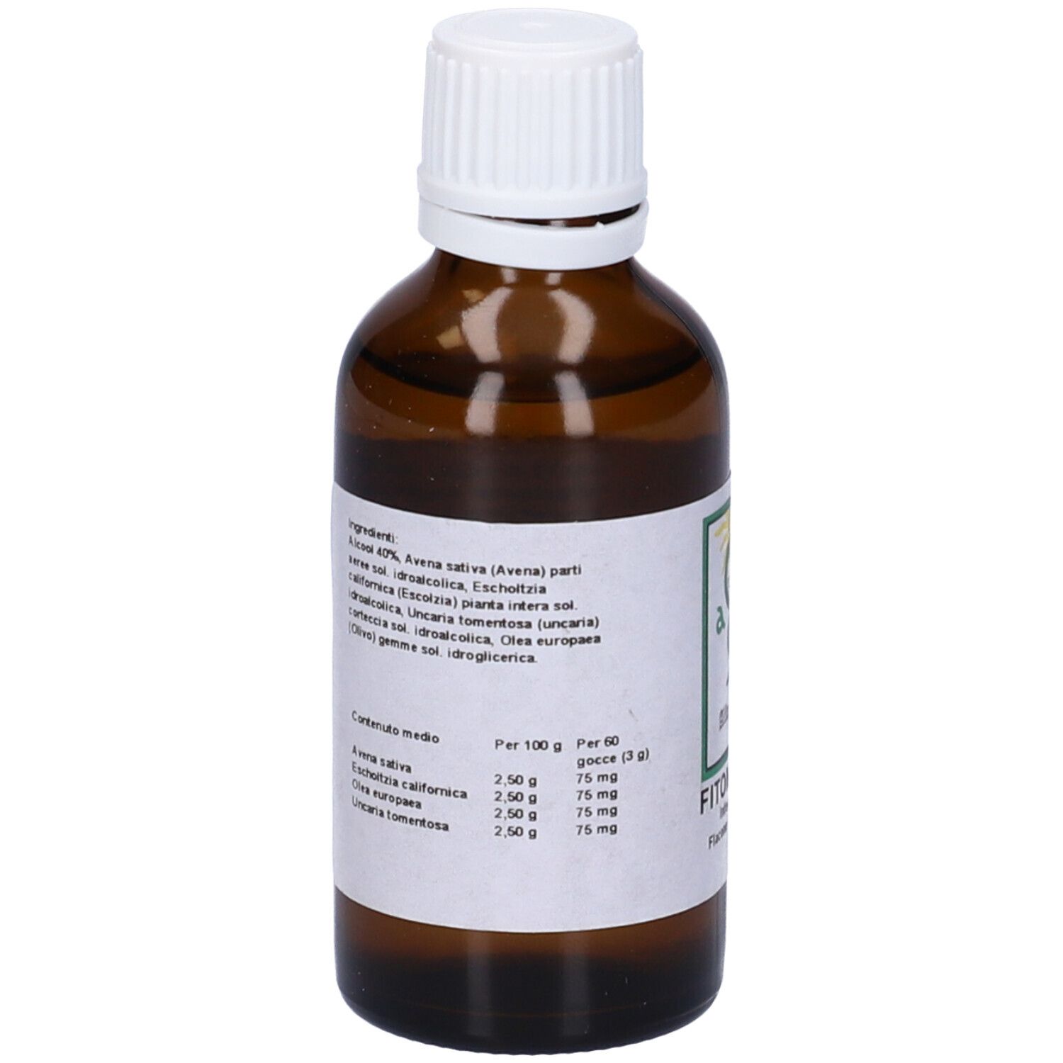 Flacone di vetro marrone con tappo bianco. Etichetta con ingredienti e informazioni nutrizionali.