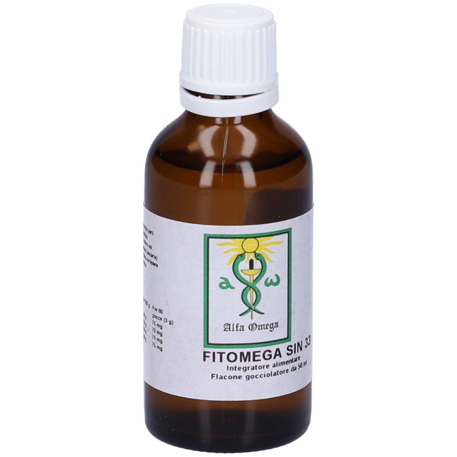 Flacone di vetro marrone con tappo bianco. Etichetta con ingredienti e informazioni nutrizionali.