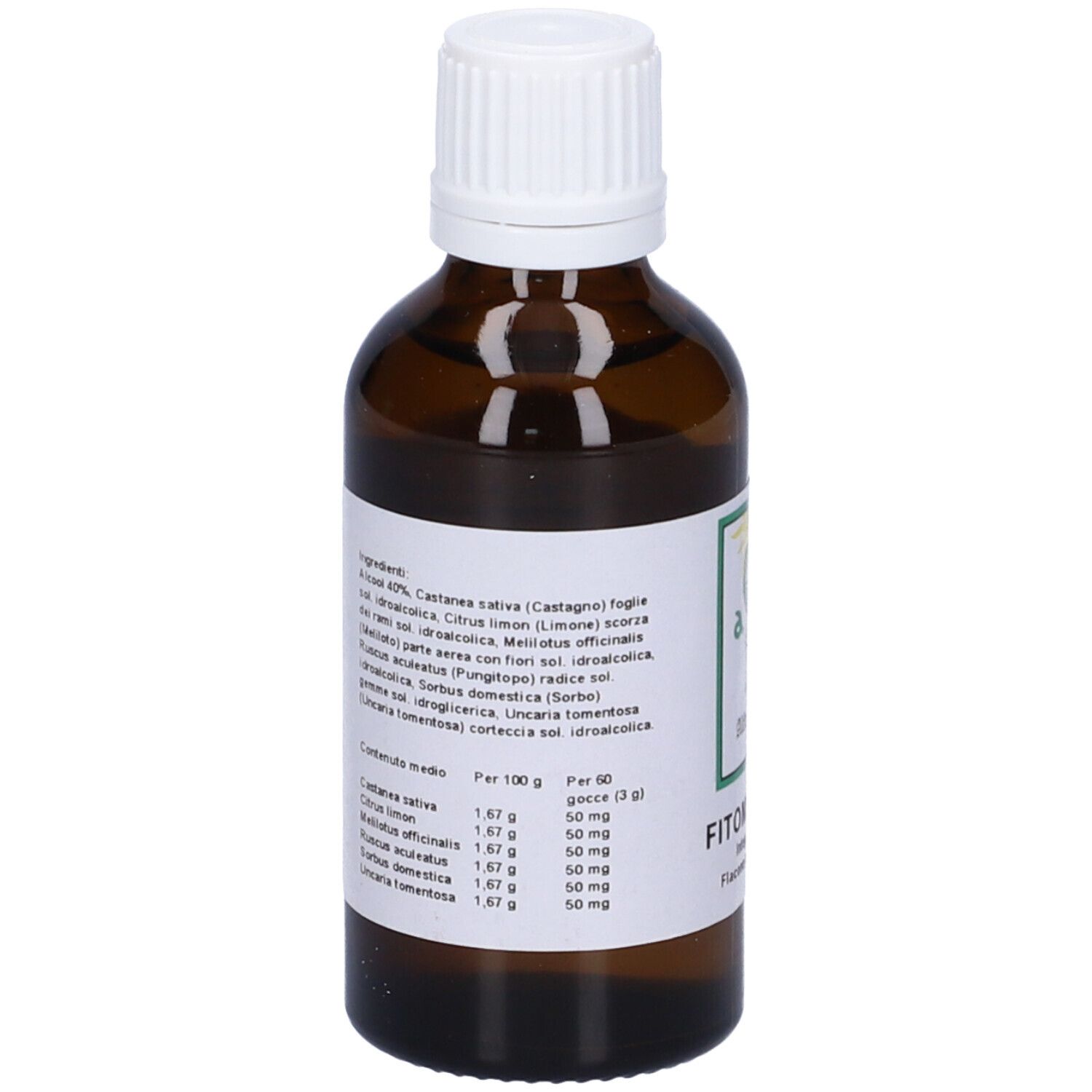 Flacone di vetro marrone con tappo bianco. Etichetta con ingredienti e informazioni nutrizionali.