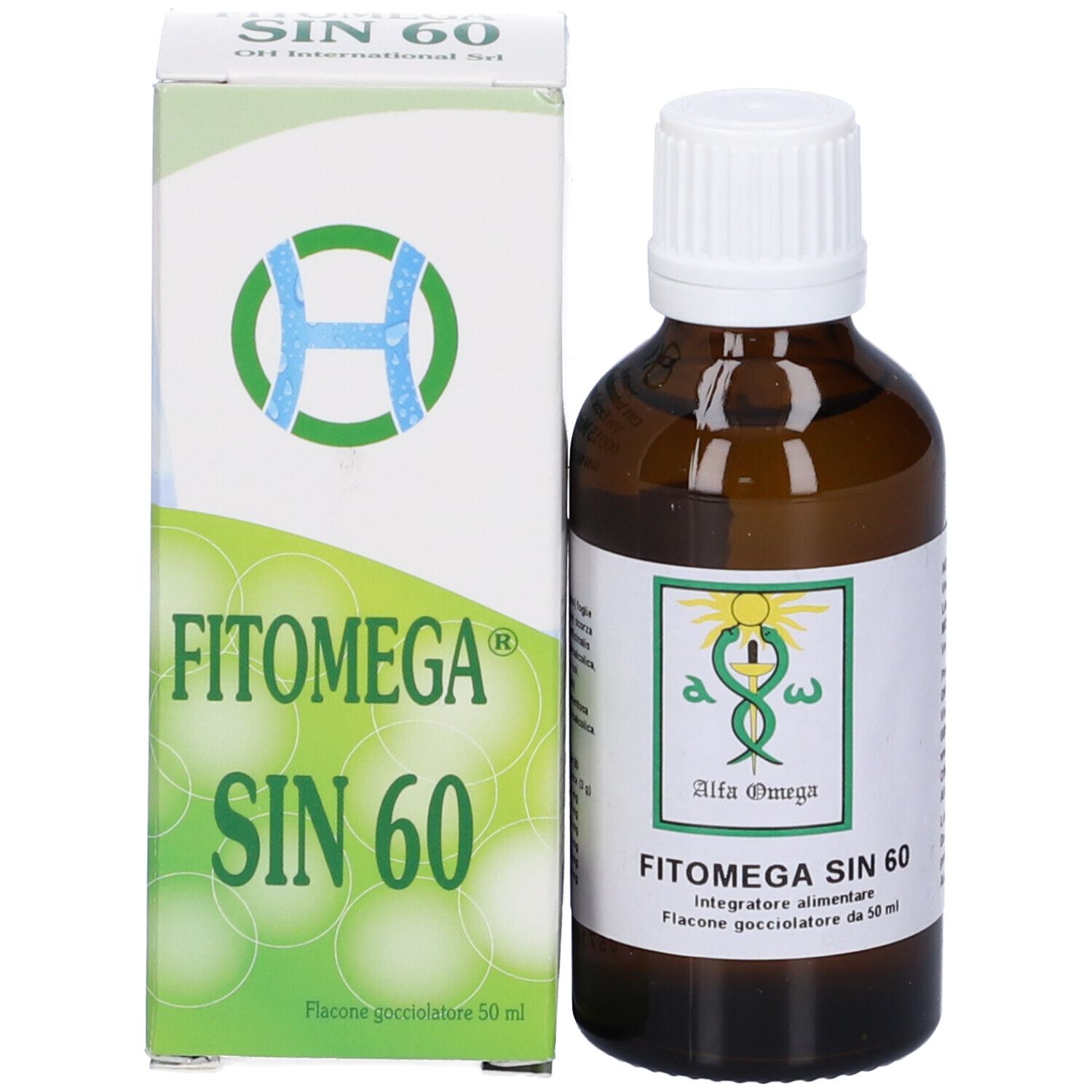Flacone e scatola. Flacone con tappo bianco ed etichetta. Scatola con nome del prodotto.