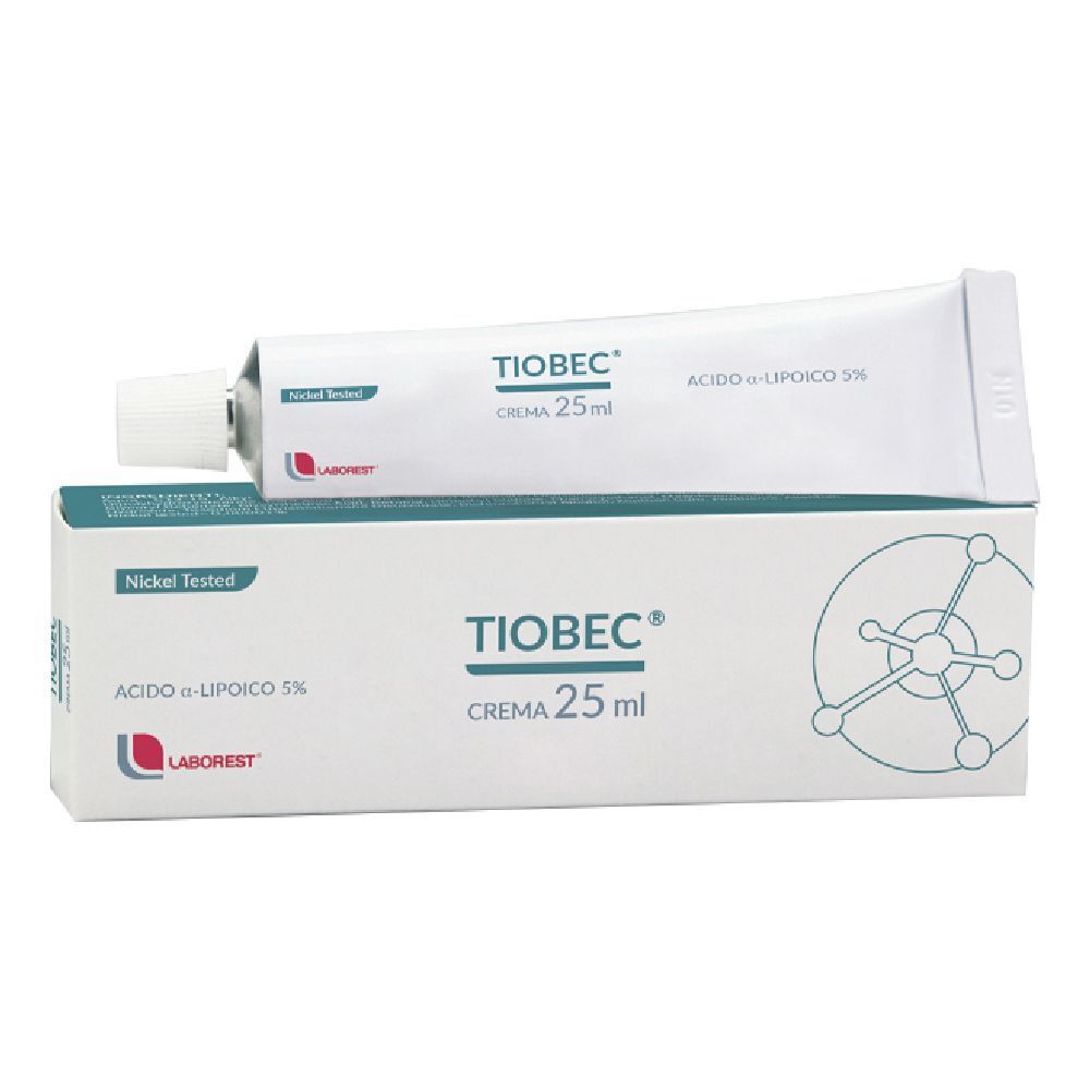 Tubo e scatola di crema. Scritto: Tiobec Crema 25 ml, Acido α-lipoico 5%. Nickel Tested. Marchio: Laborest.