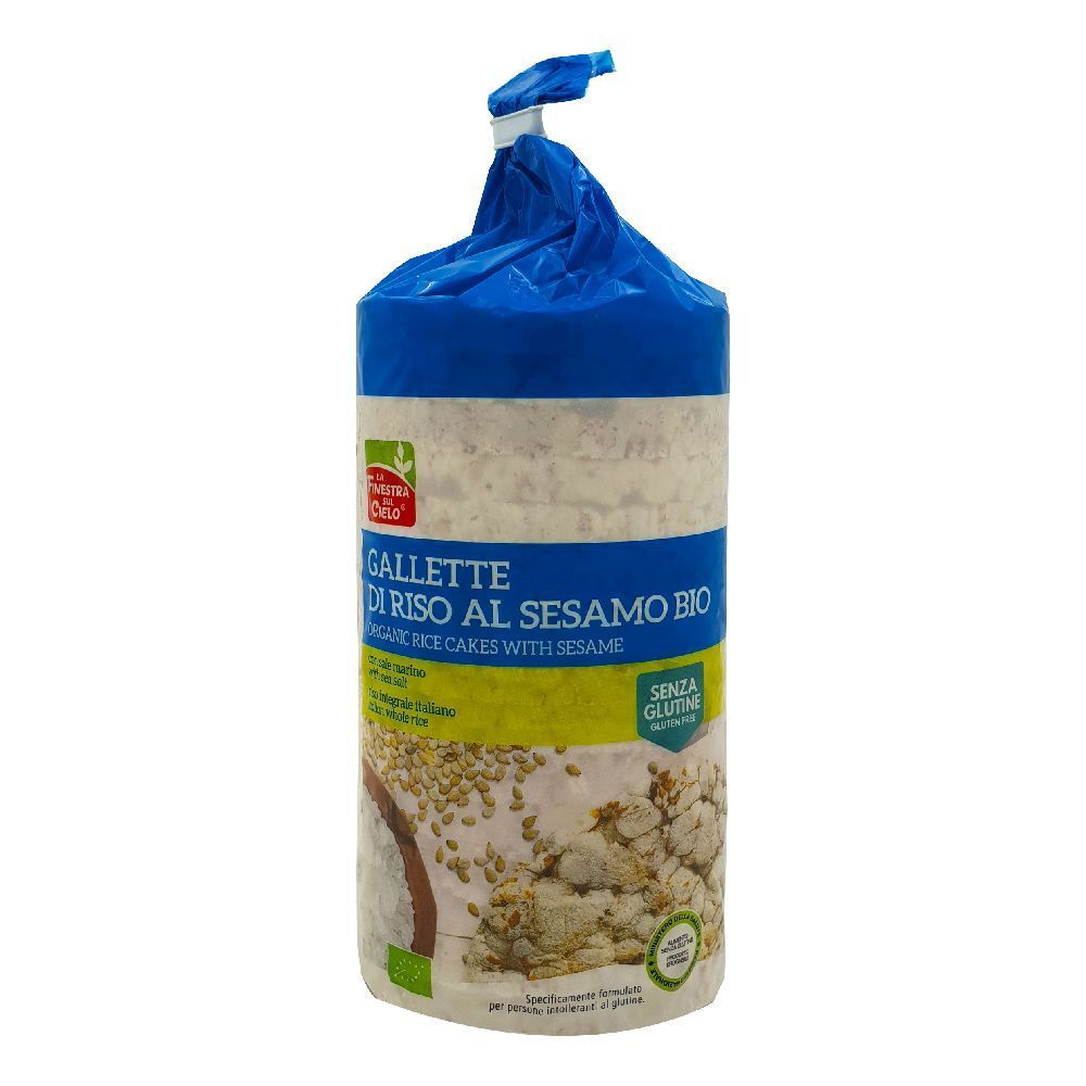 Confezione di gallette di riso al sesamo bio. Scritta: Gallette di Riso al Sesamo Bio, senza glutine.
