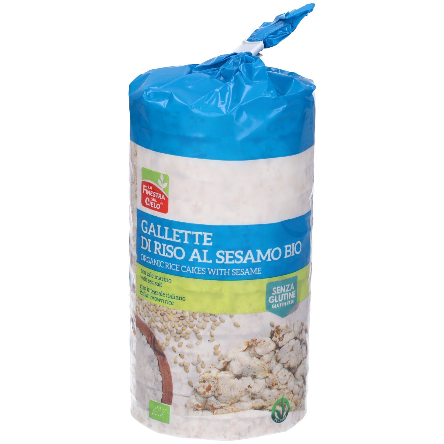 Confezione di gallette di riso al sesamo bio. Scritta: Gallette di Riso al Sesamo Bio, senza glutine.