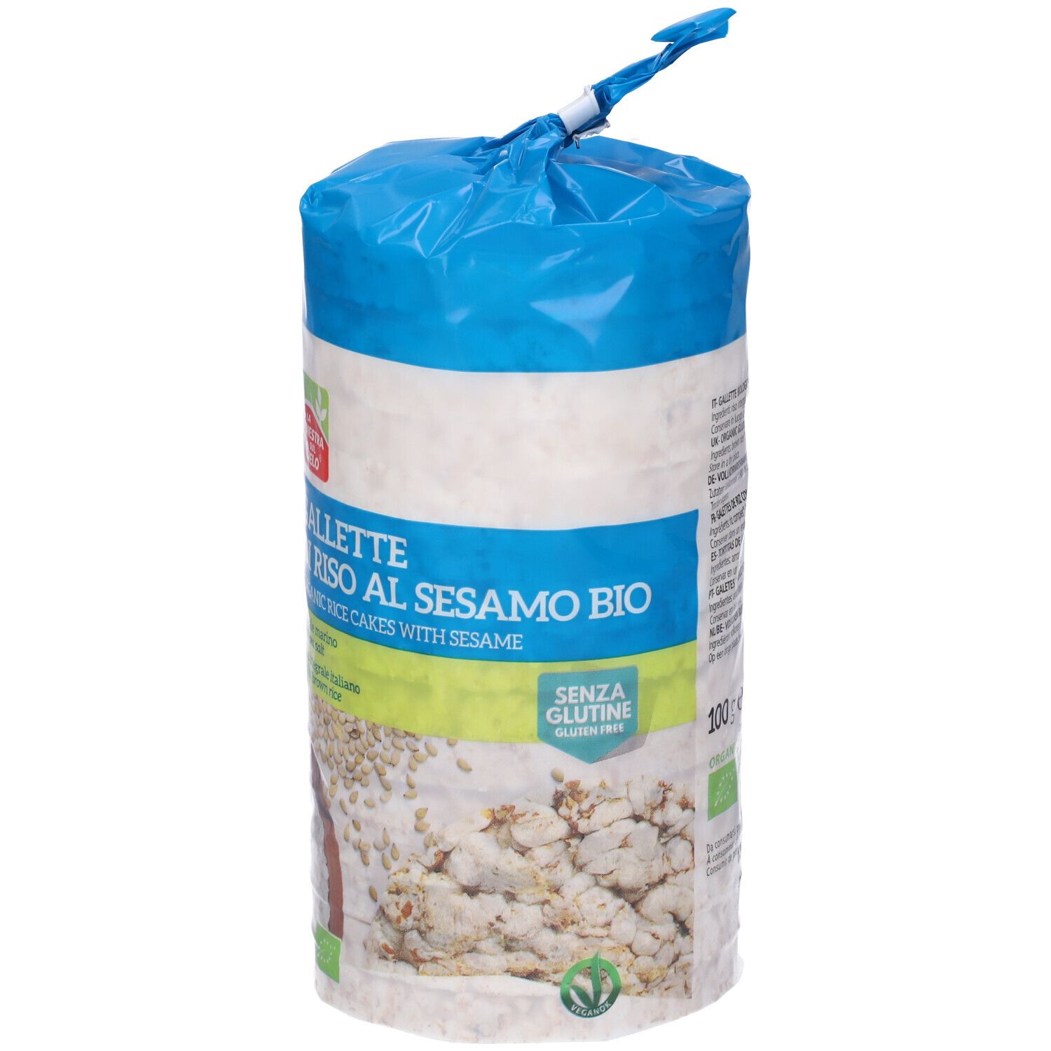 Confezione di gallette di riso al sesamo bio. Scritta: Gallette di Riso al Sesamo Bio, senza glutine.