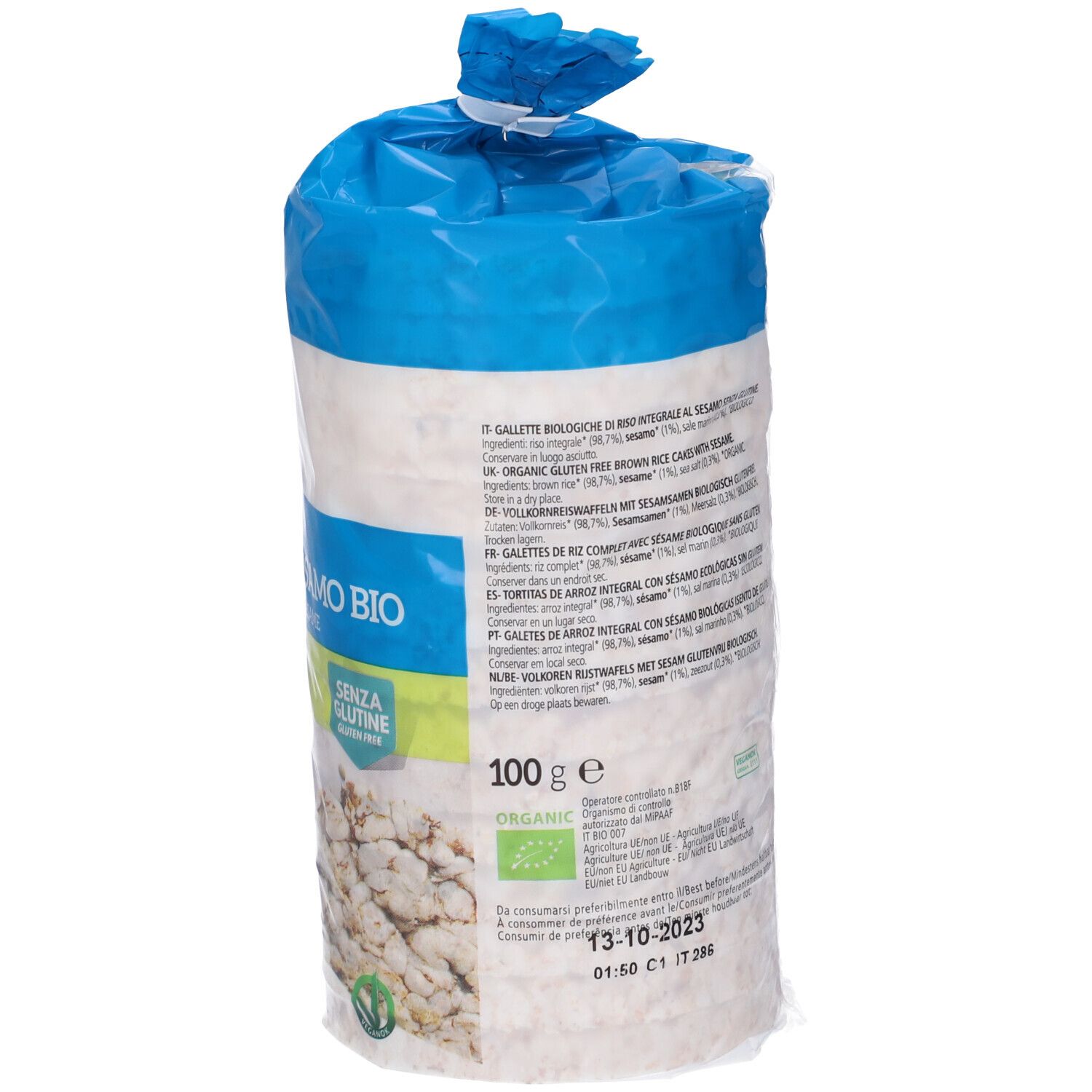 Confezione di gallette di riso al sesamo bio. Scritta: Gallette di Riso al Sesamo Bio, senza glutine, 100g.