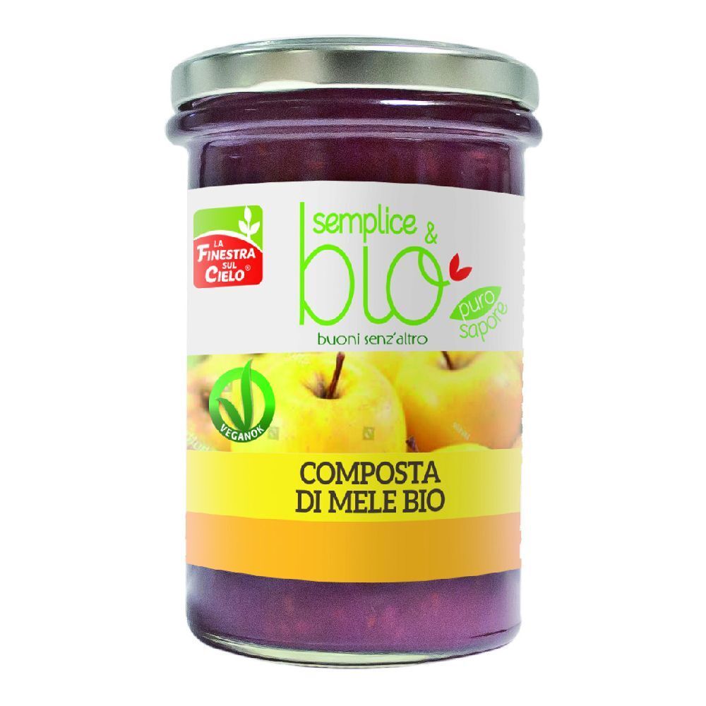 Vasetto di composta di mele. Etichetta "semplice & bio", "Composta di Mele Bio" e logo. Sigillo vegano.