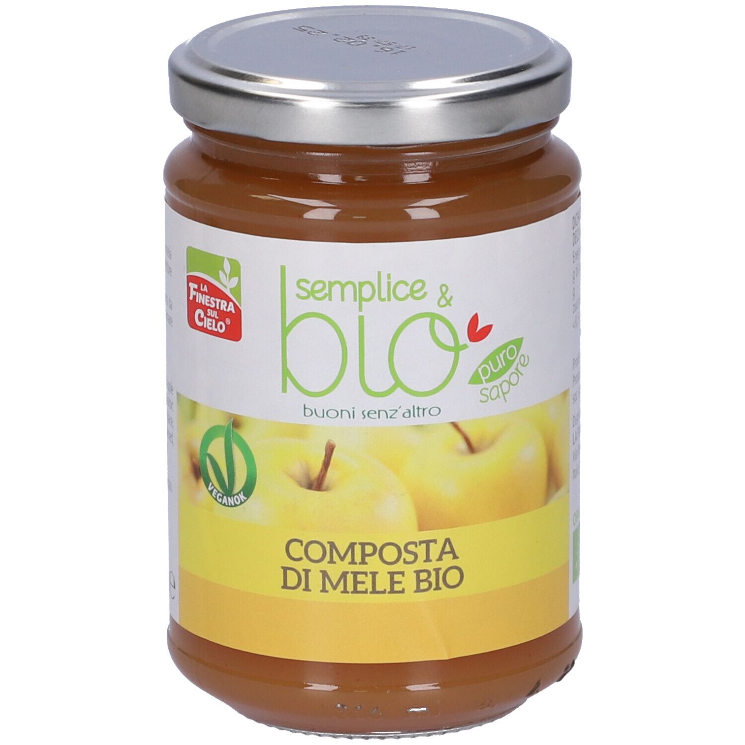 Vasetto di composta di mele. Etichetta "semplice & bio", "Composta di Mele Bio" e logo. Sigillo vegano.