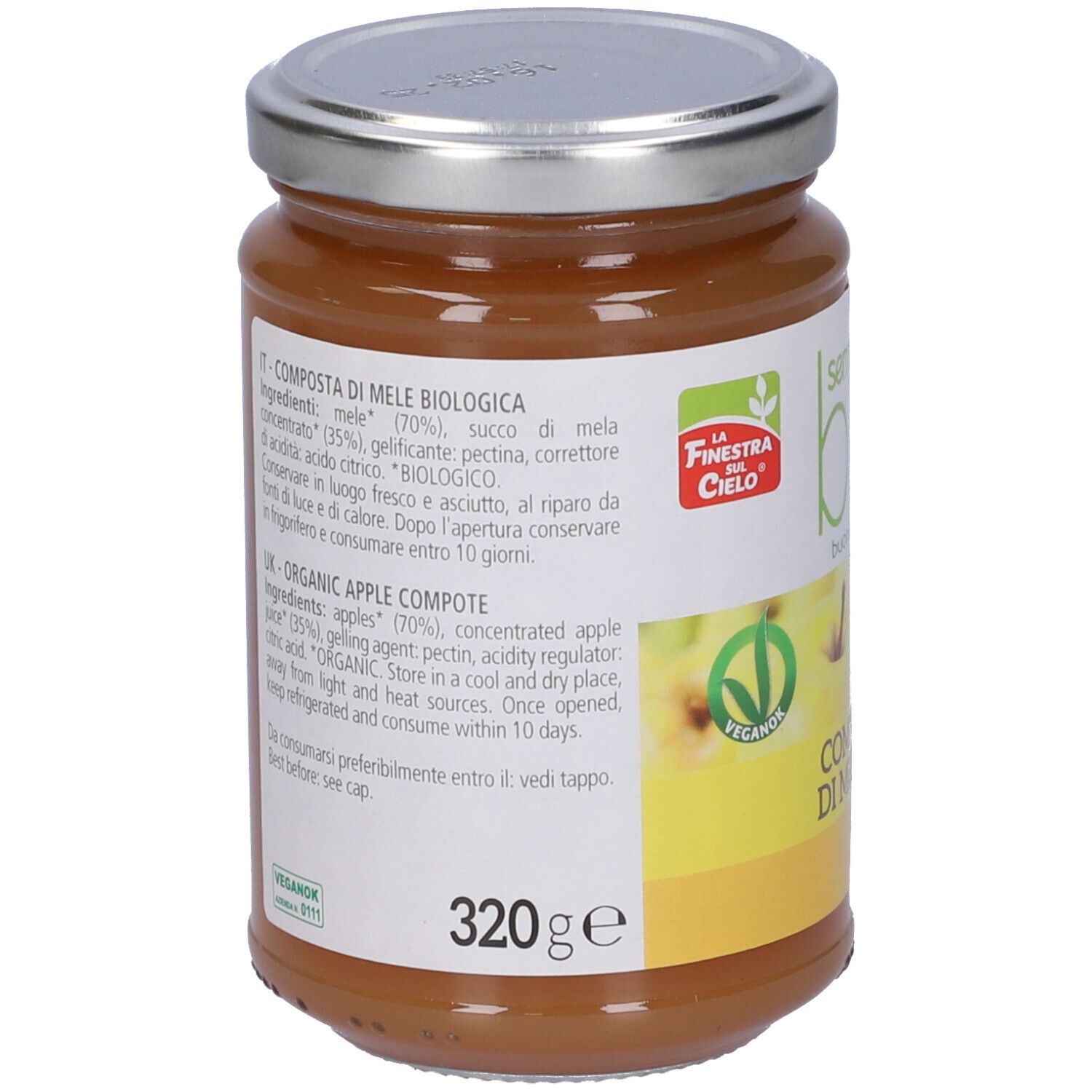 Vasetto di composta di mele. Retro con elenco ingredienti, informazioni nutrizionali e logo. Sigillo vegano. 320g.