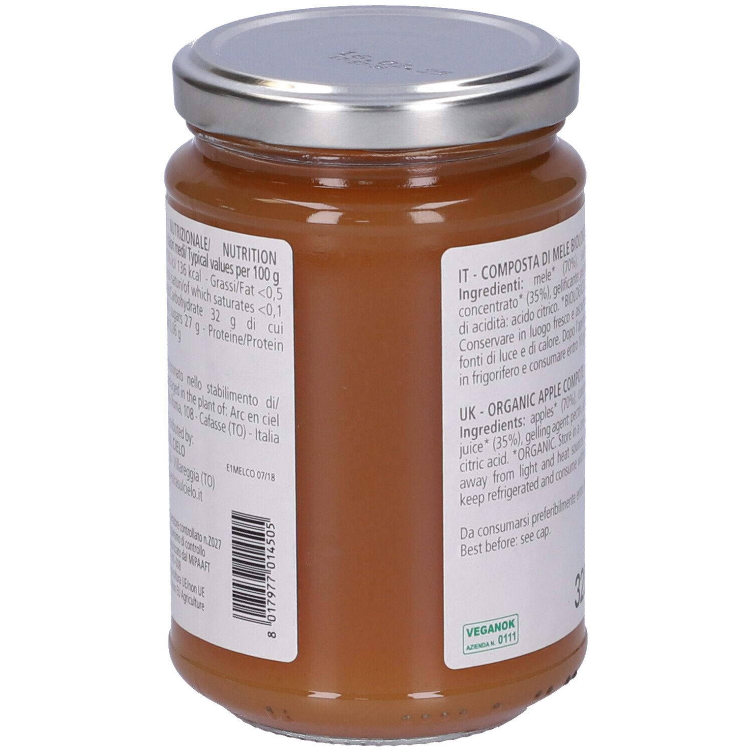 Vasetto di composta di mele. Retro con elenco ingredienti, informazioni nutrizionali e logo. Sigillo vegano. 320g.