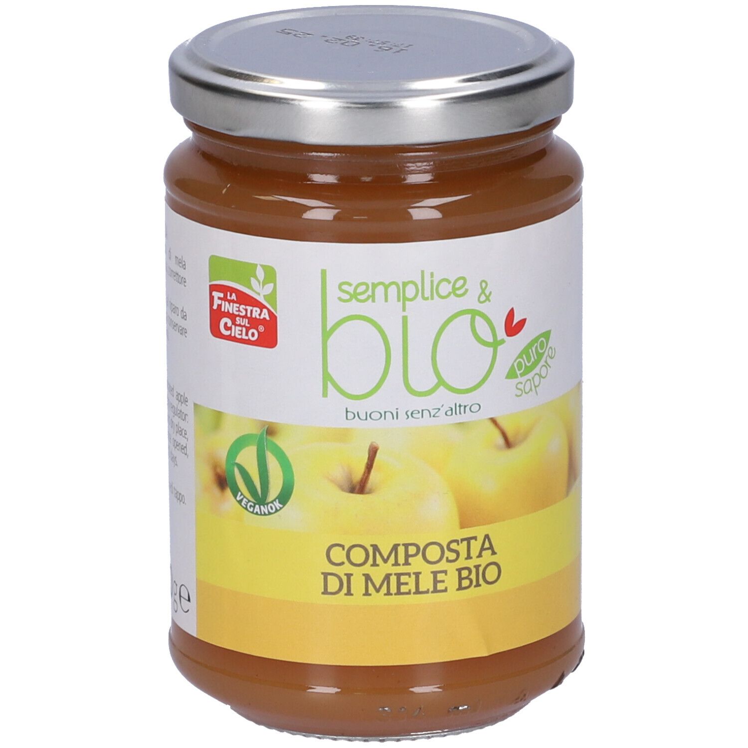 Vasetto di composta di mele. Etichetta "semplice & bio", "Composta di Mele Bio" e logo. Sigillo vegano.