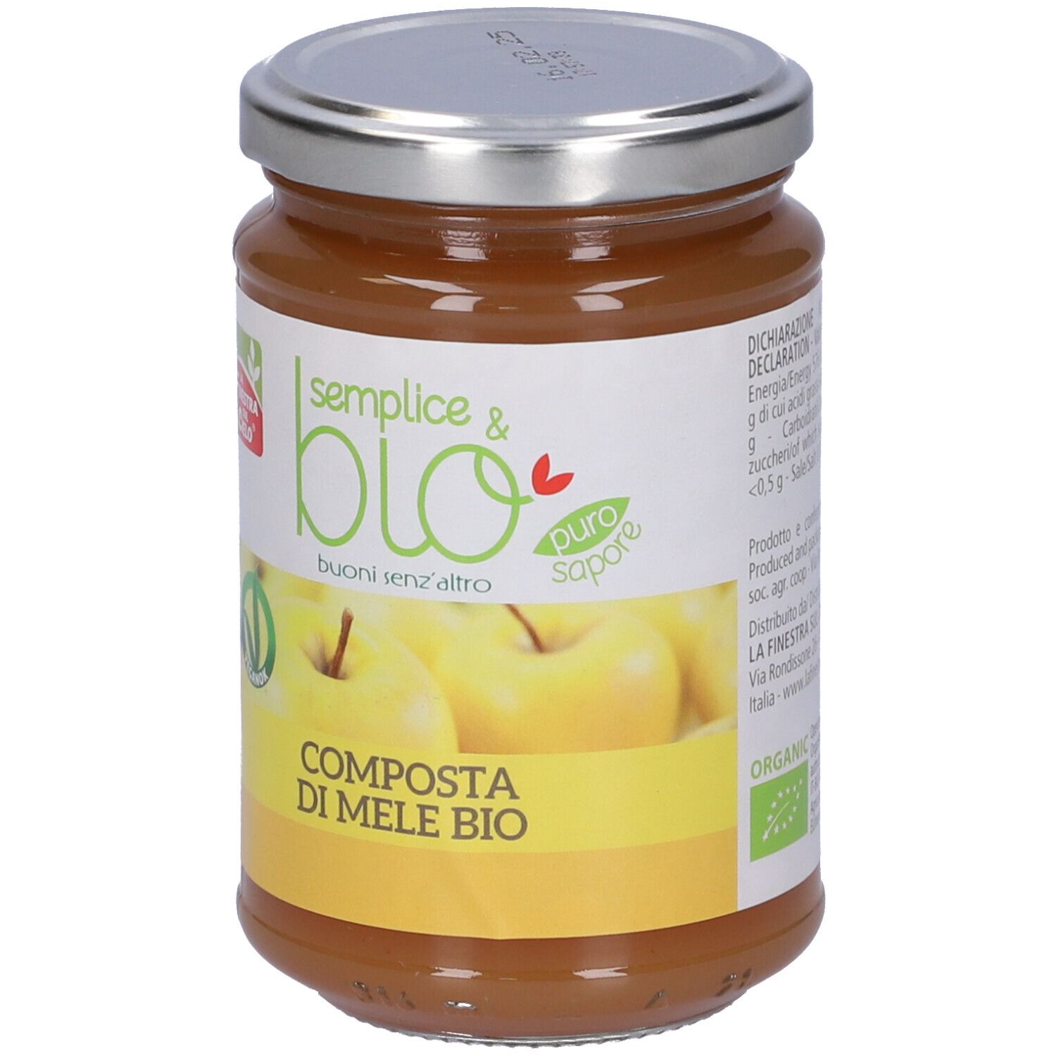 Vasetto di composta di mele. Etichetta "semplice & bio", "Composta di Mele Bio" e logo. Sigillo vegano.
